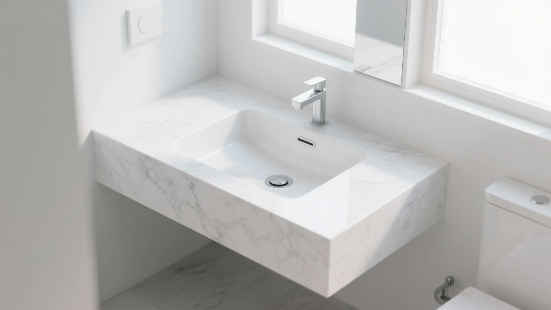 White marble sink built into the counter next to a window and a white toilet