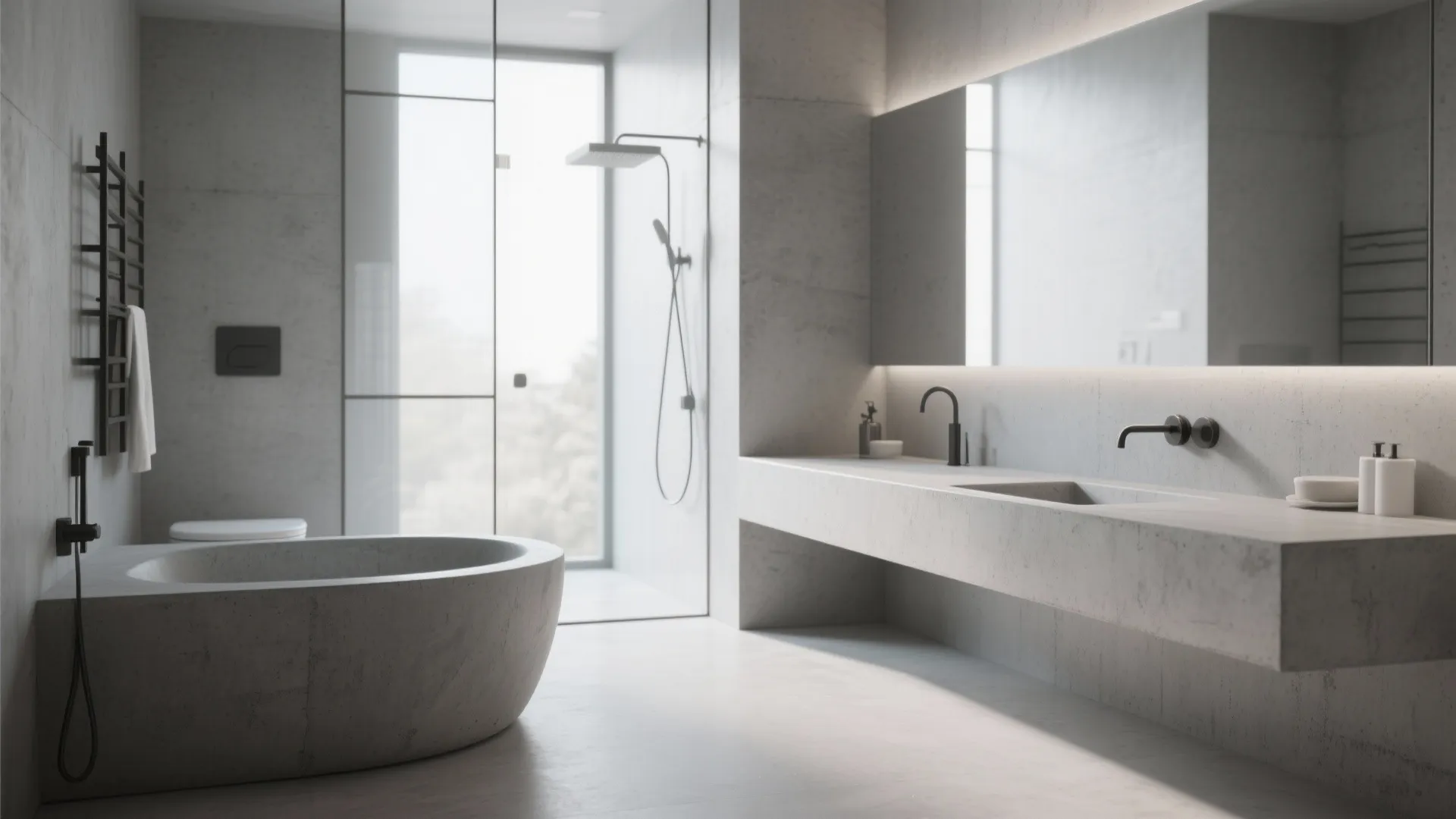 Seamless molded concrete counter with integrated sink in a modern bathroom