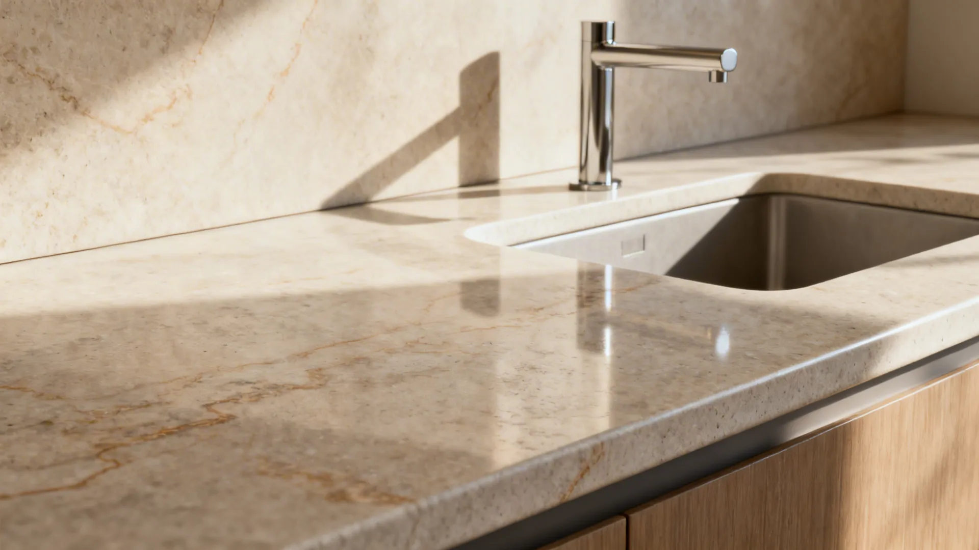 Close-up of a seamless stone countertop with integrated sink and minimalist faucet.