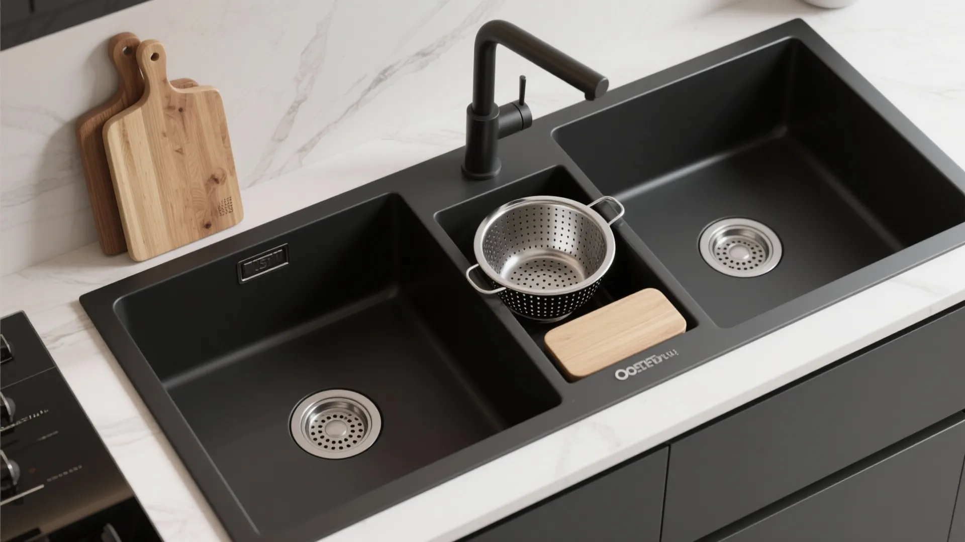Top-down view of an integrated black double sink with cutting board and colander accessories arranged to show workflow.