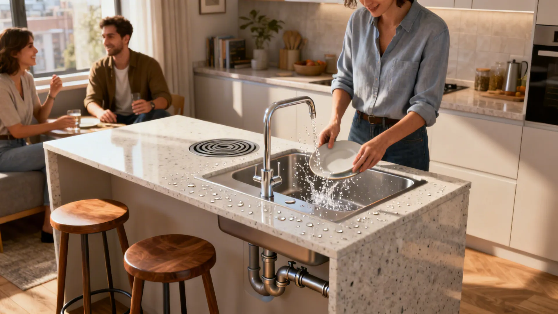 Compact island with an integrated shallow sink and seating in a small L-shaped kitchen
