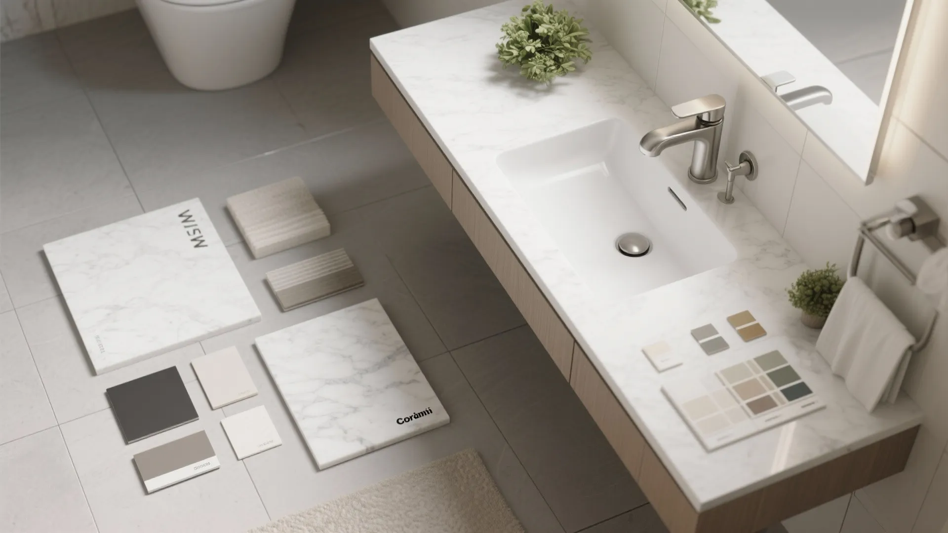 Modern bathroom vanity with white marble countertop integrated sink faucet and various material color samples displayed