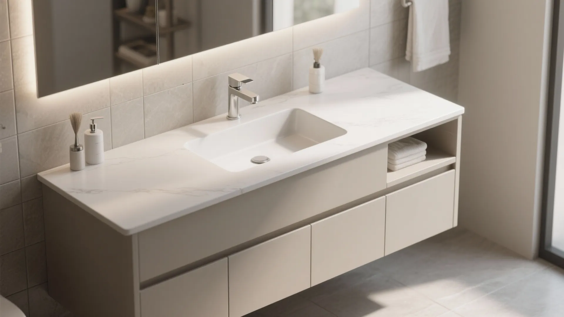 Minimalist cream bathroom cabinet with integrated white sink silver faucet and marble wall tile background