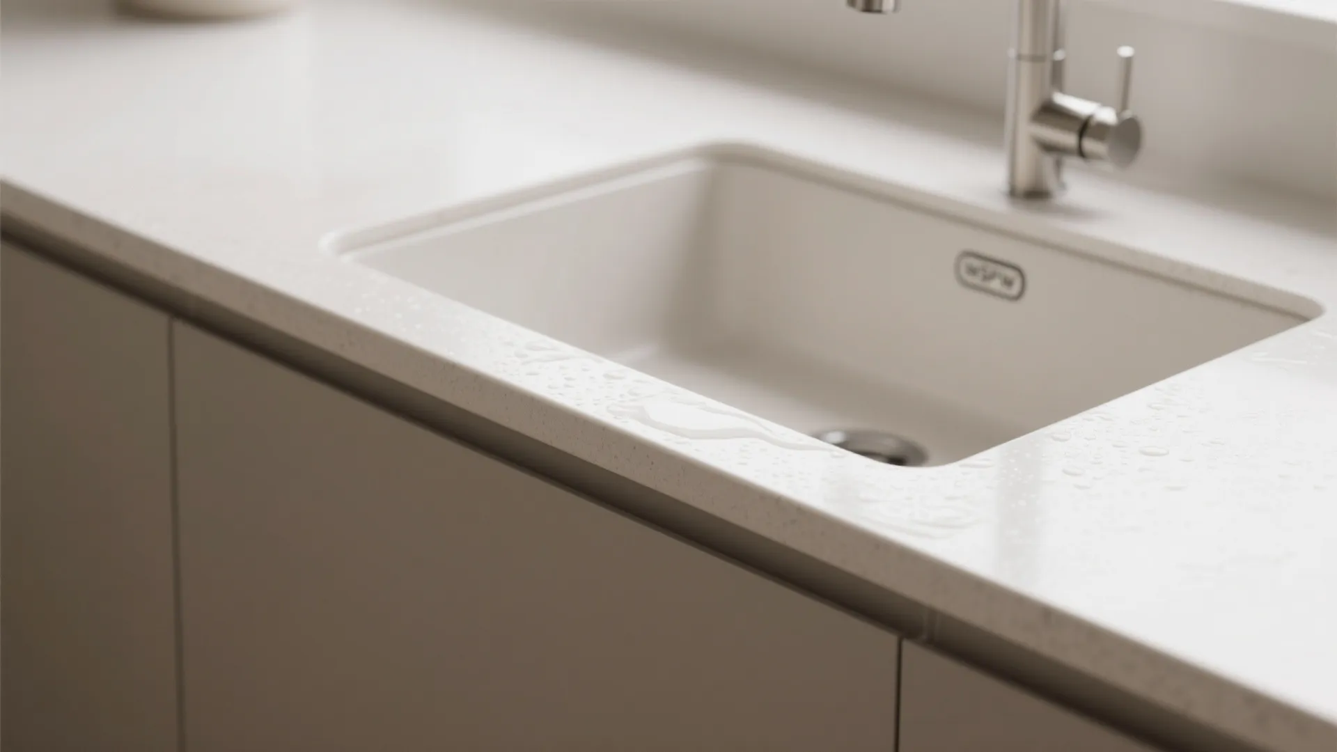 Close up view of a modern white bathroom sink with water droplets on the smooth countertop