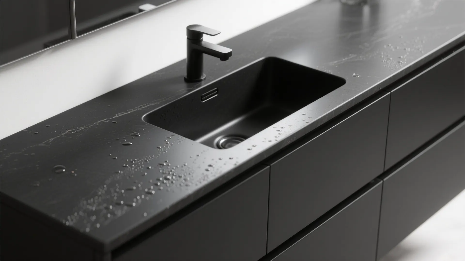 3. Integrated sink top on a 36" black vanity for maintenance ease