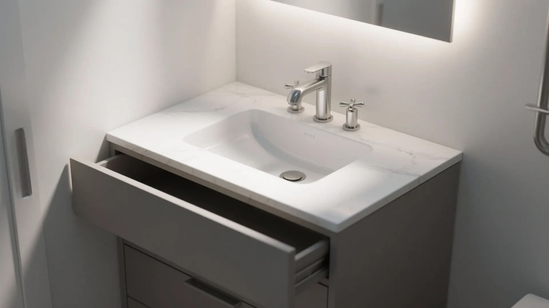 Modern bathroom cabinet with integrated white sink silver water tap and an open storage drawer