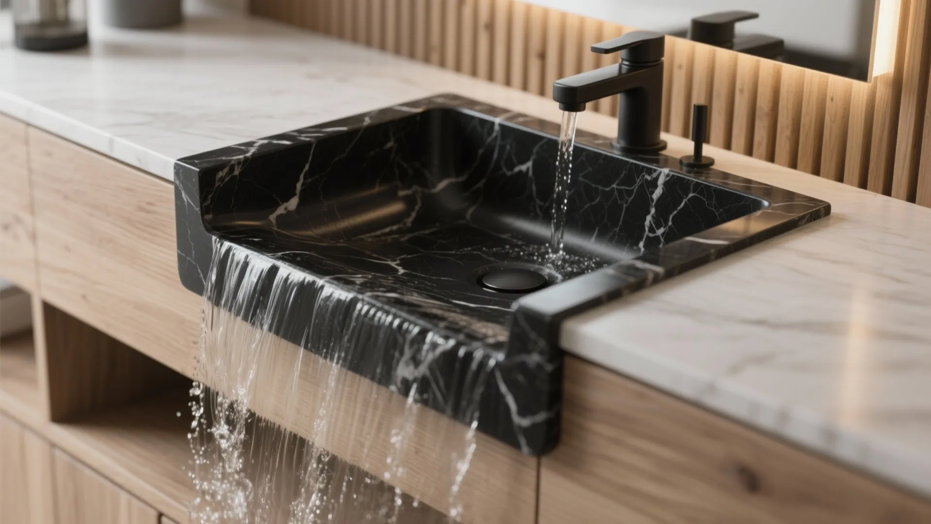 Modern black marble sink with waterfall edge design and black faucet on a wooden cabinet