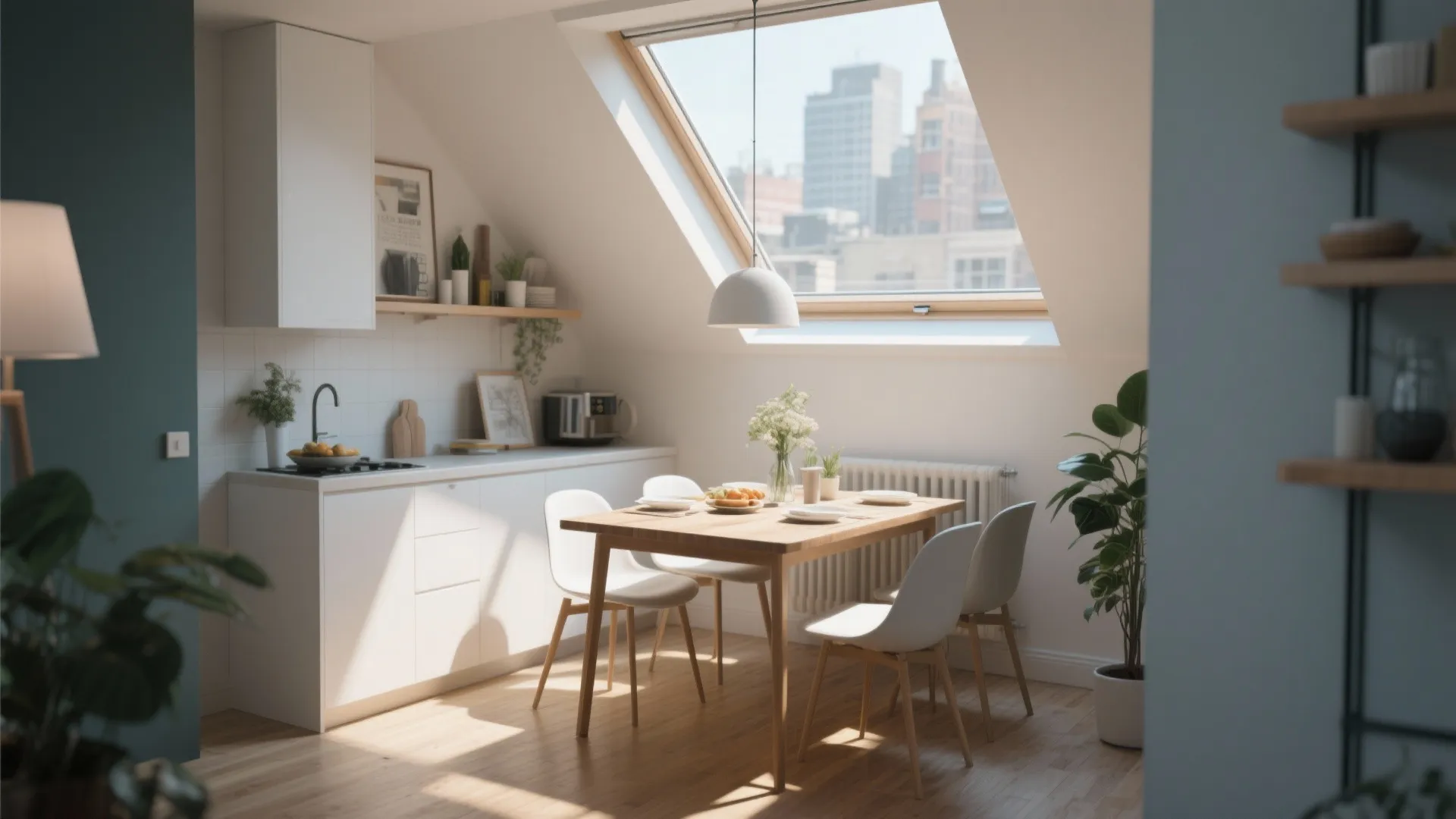 Small dining room with skylight bringing in natural daylight