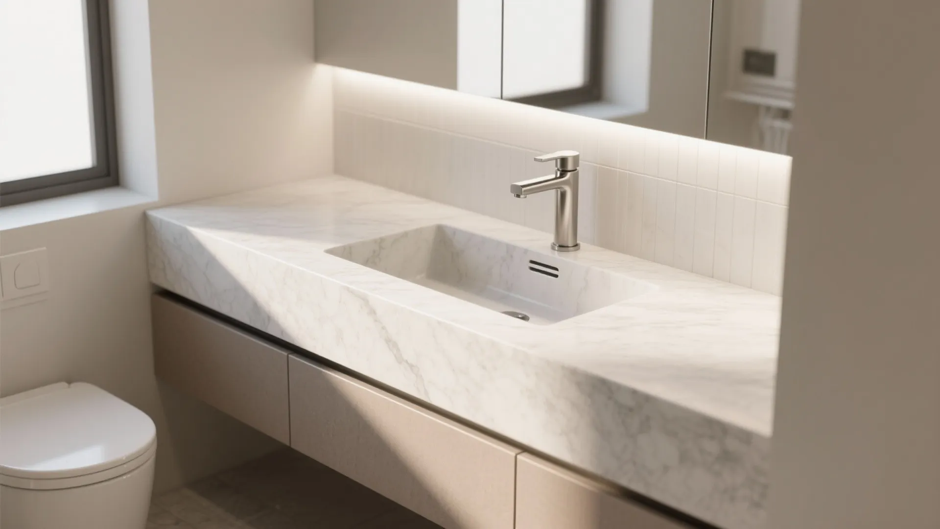 Modern bathroom with white marble countertop integrated sink silver faucet backlit mirror and white toilet