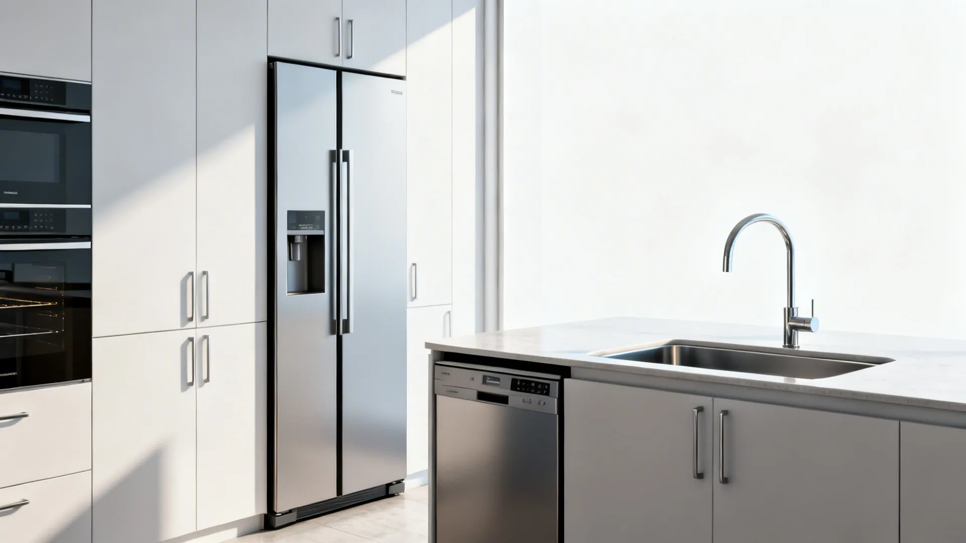 Kitchen with integrated slim refrigerator and undercounter dishwasher creating a clean, continuous sightline.