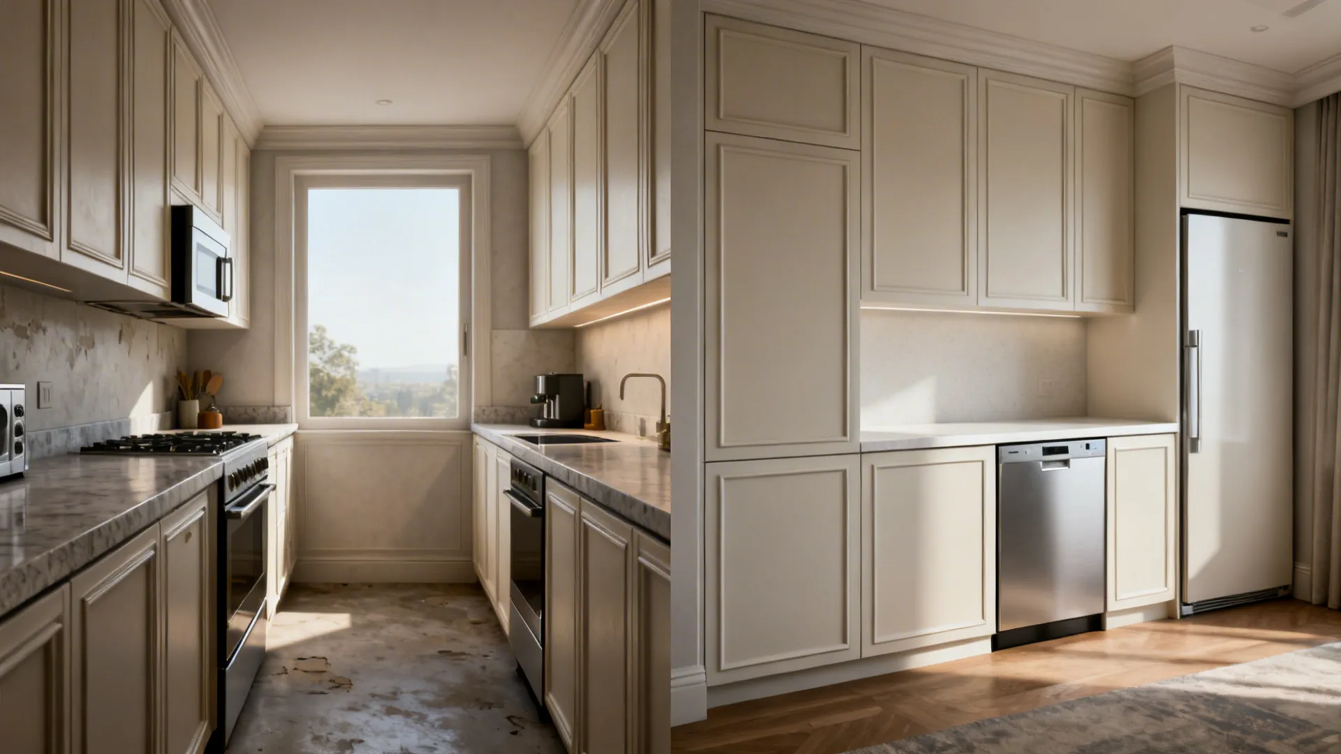 Before-and-after view showing integrated appliances and ultra-slim counter in a compact kitchen.