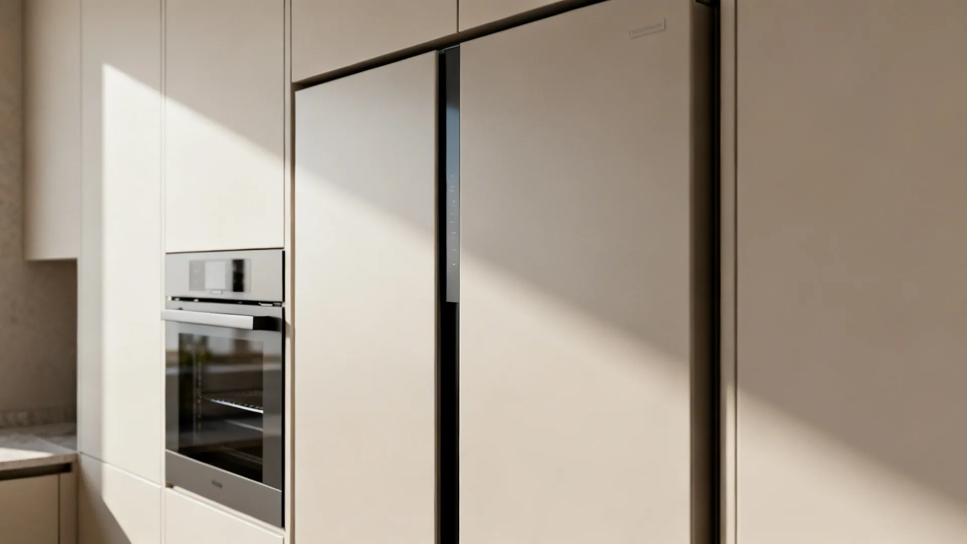 Integrated slimline fridge and appliances flush with cabinetry for clean sightlines