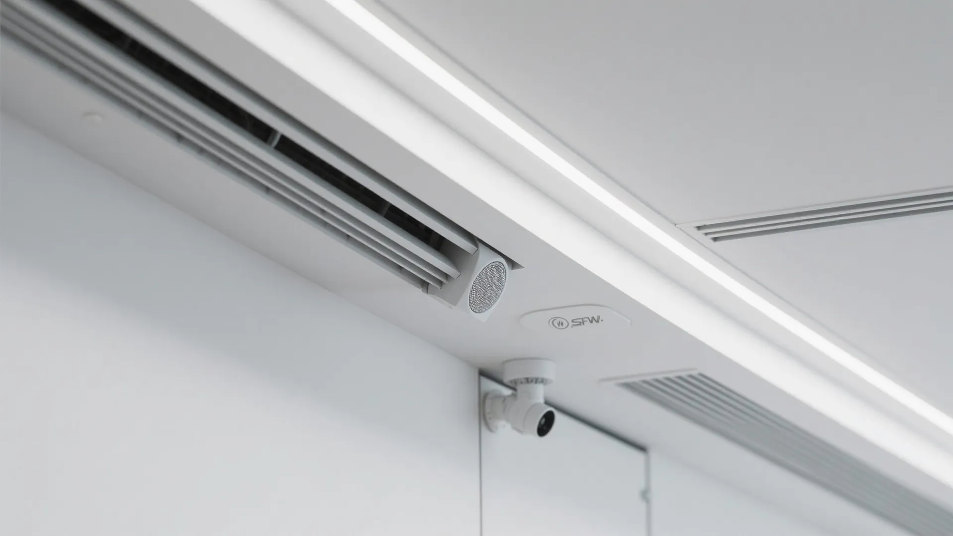 Close up of a modern white ceiling with linear light fixture air vent and camera
