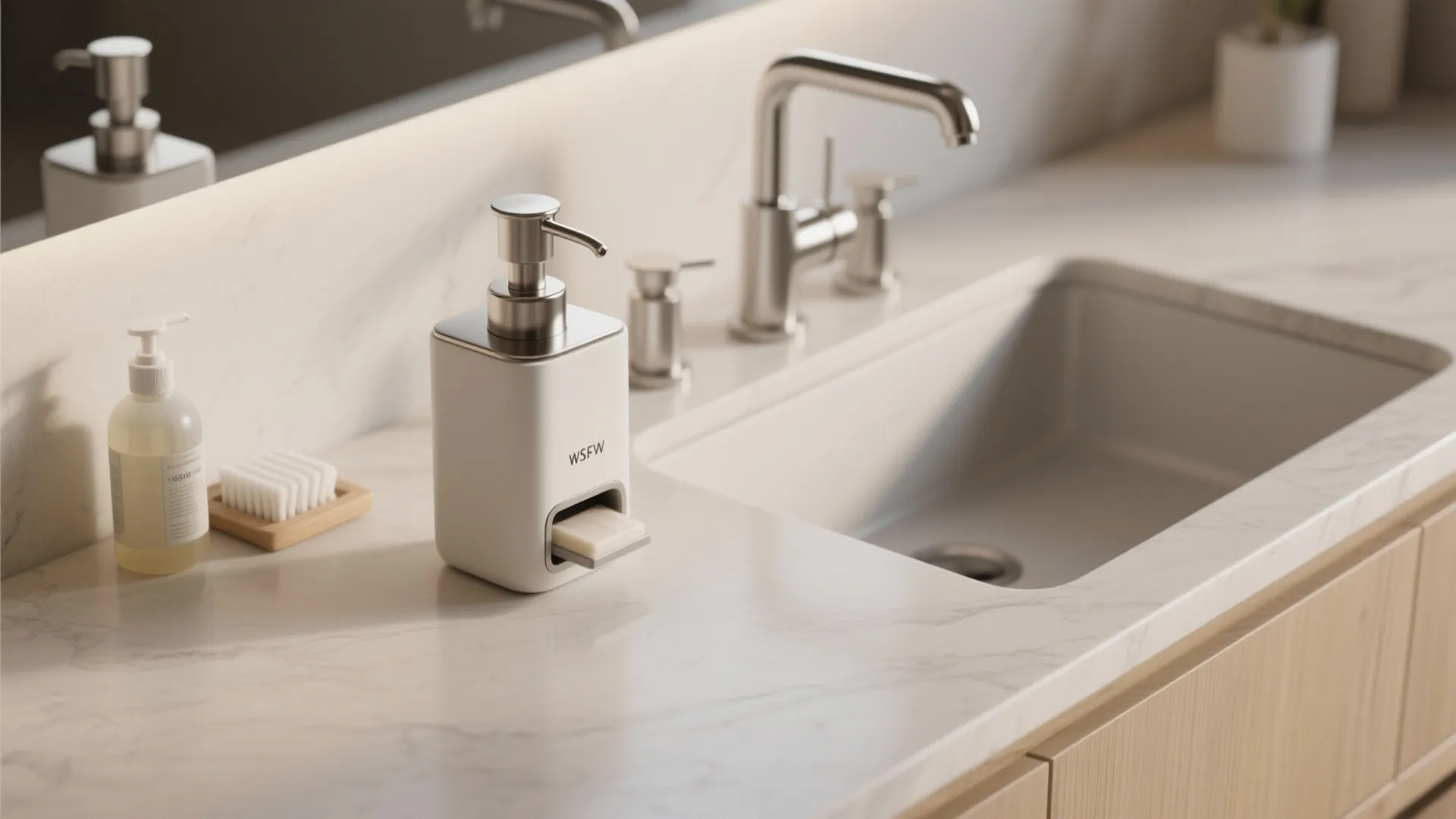 Integrated soap dispenser beside a three-piece faucet keeping the countertop tidy in a small kitchen.
