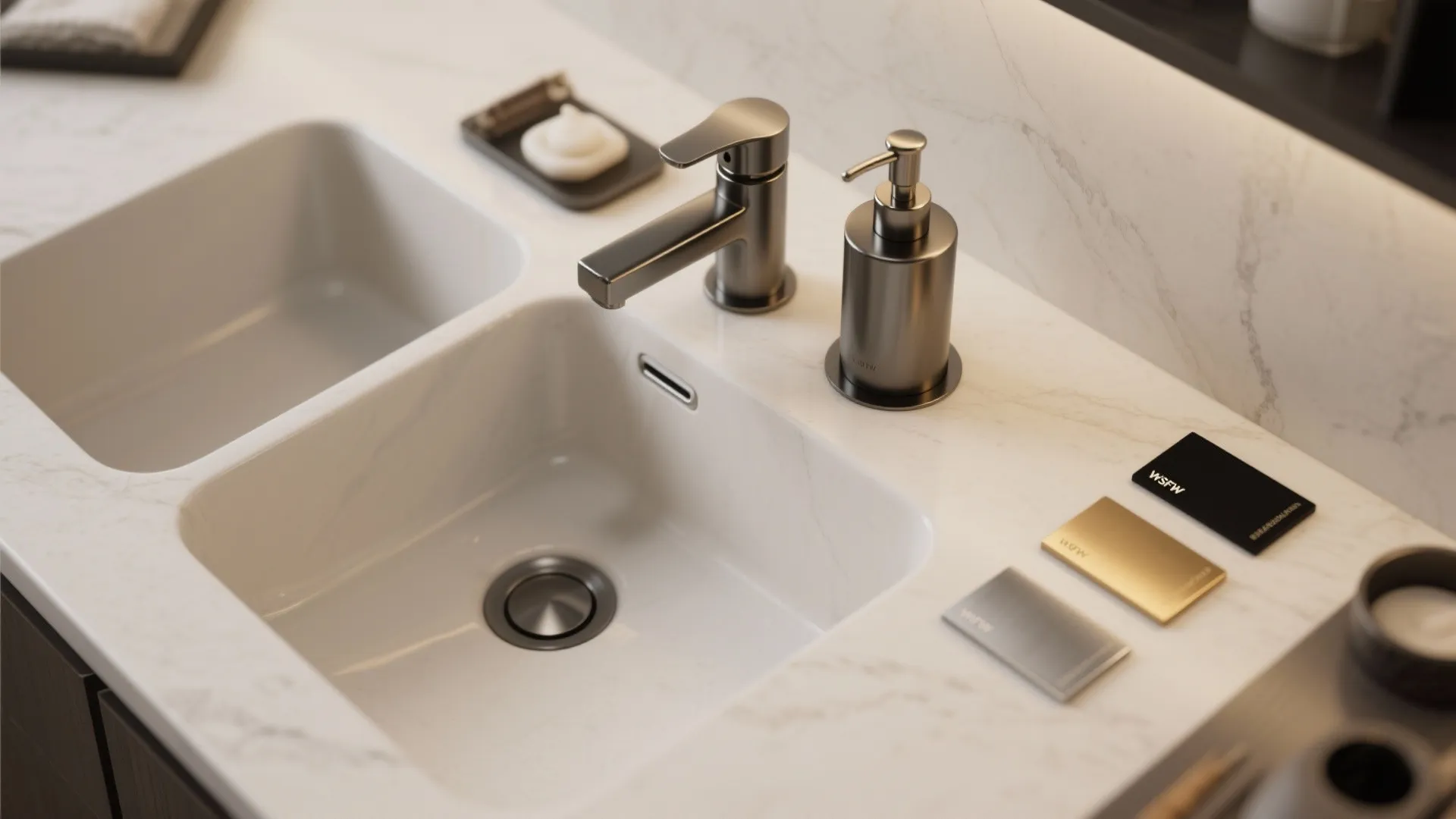 Top view of white bathroom sink with silver faucet soap dispenser soap dish and color samples