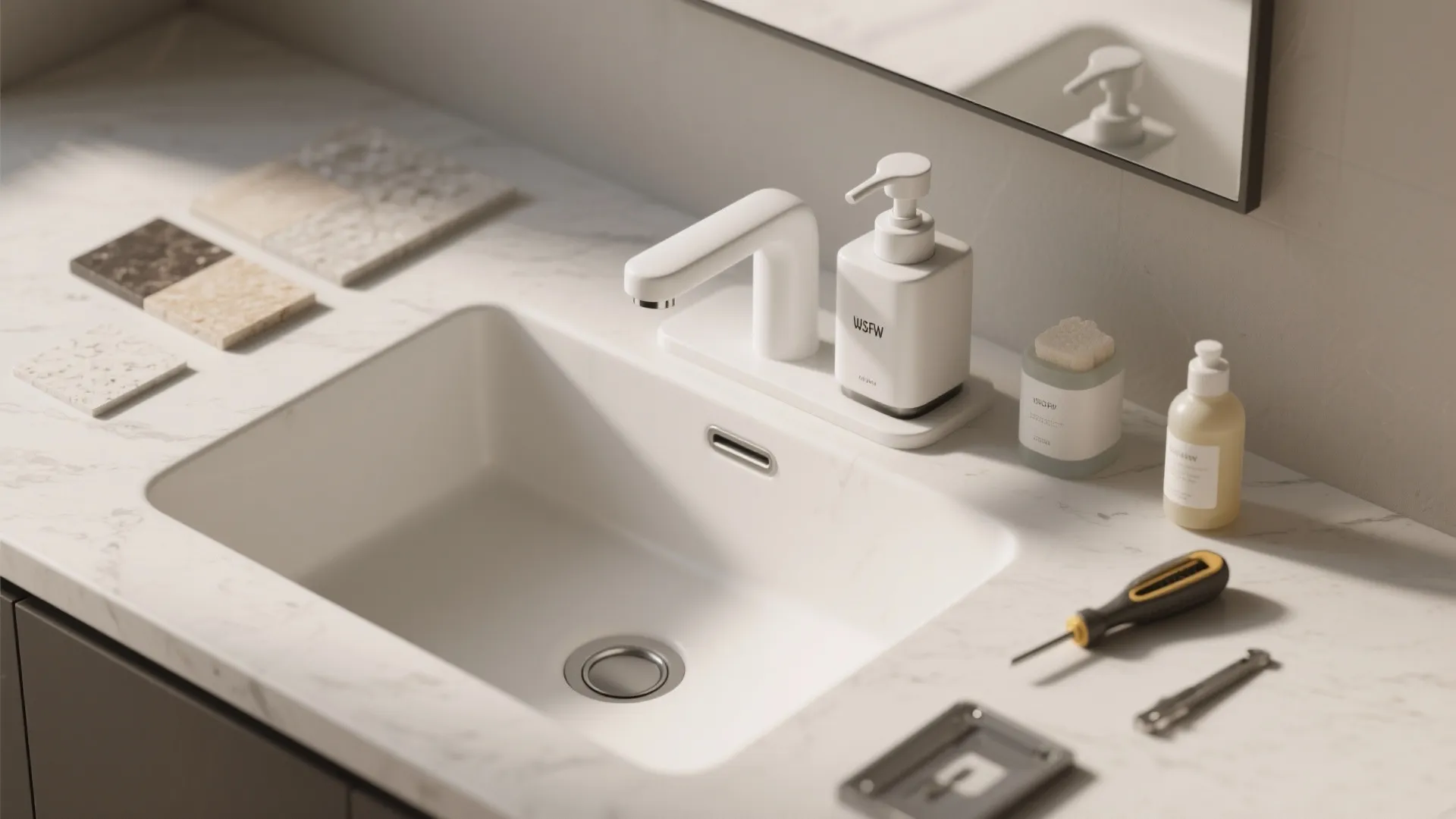4. Integrated soap dispenser and white faucet combo