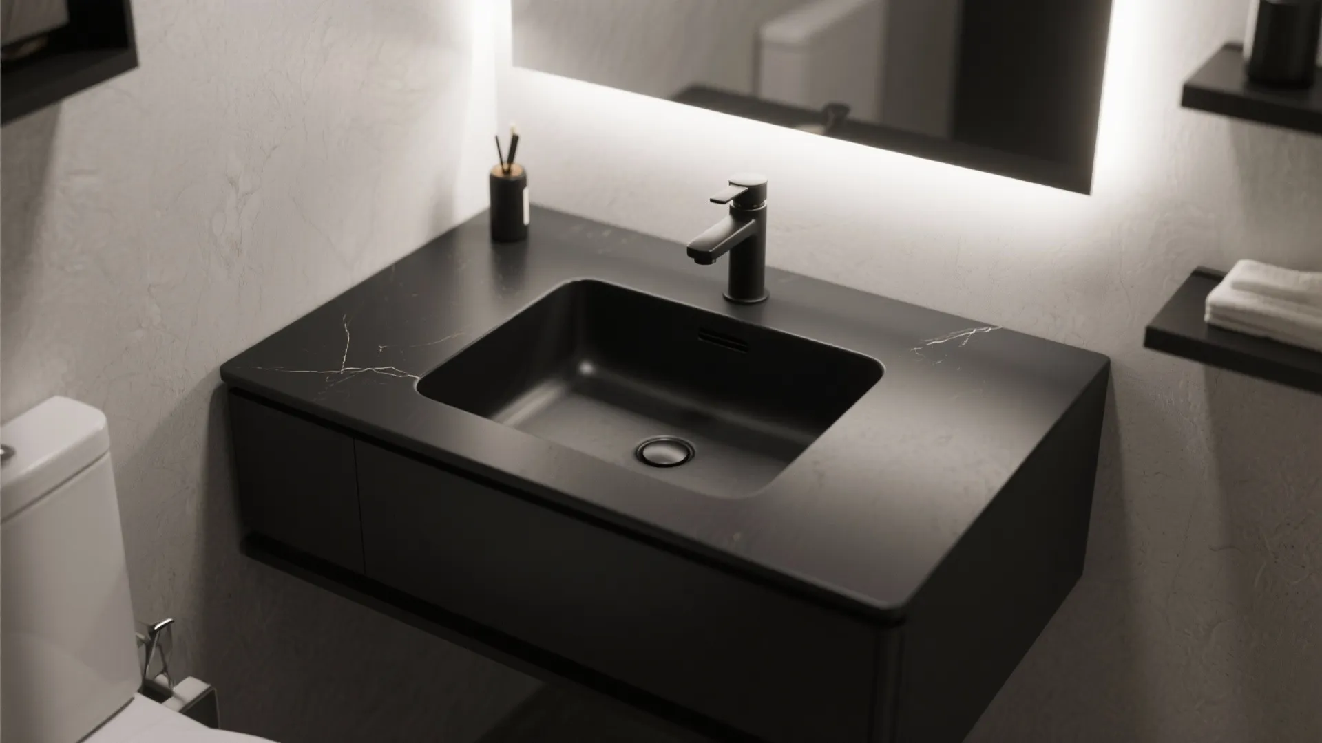 3. Integrated black solid surface basin for seamless minimalism