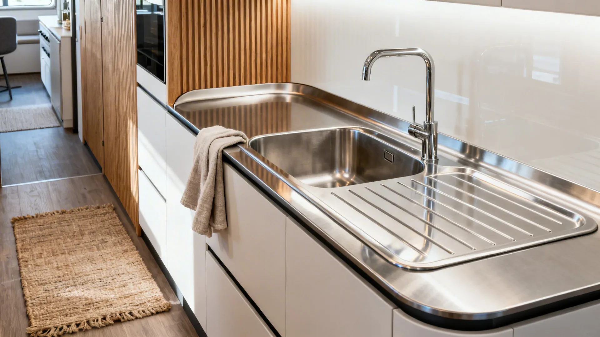 Seamless stainless worktop with integrated sink and coved backsplash in a compact galley.