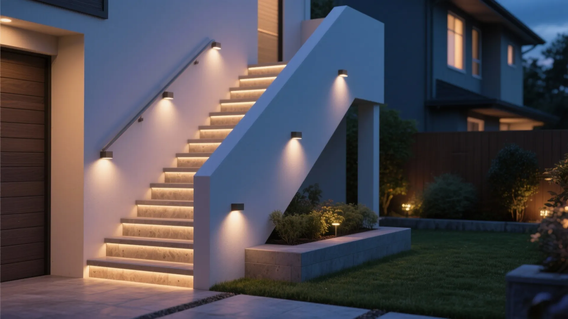 Compact yard stairs with integrated LED step and wall lights providing safe warm illumination