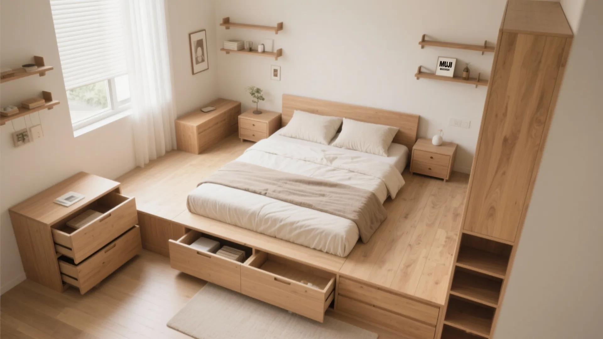 Top-down view of Muji bedroom with under-bed drawers and shelves