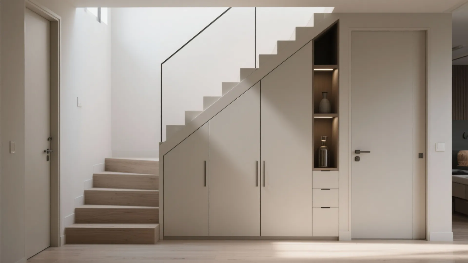 Modern white storage cabinet and drawers built under a wooden staircase in a minimalist home