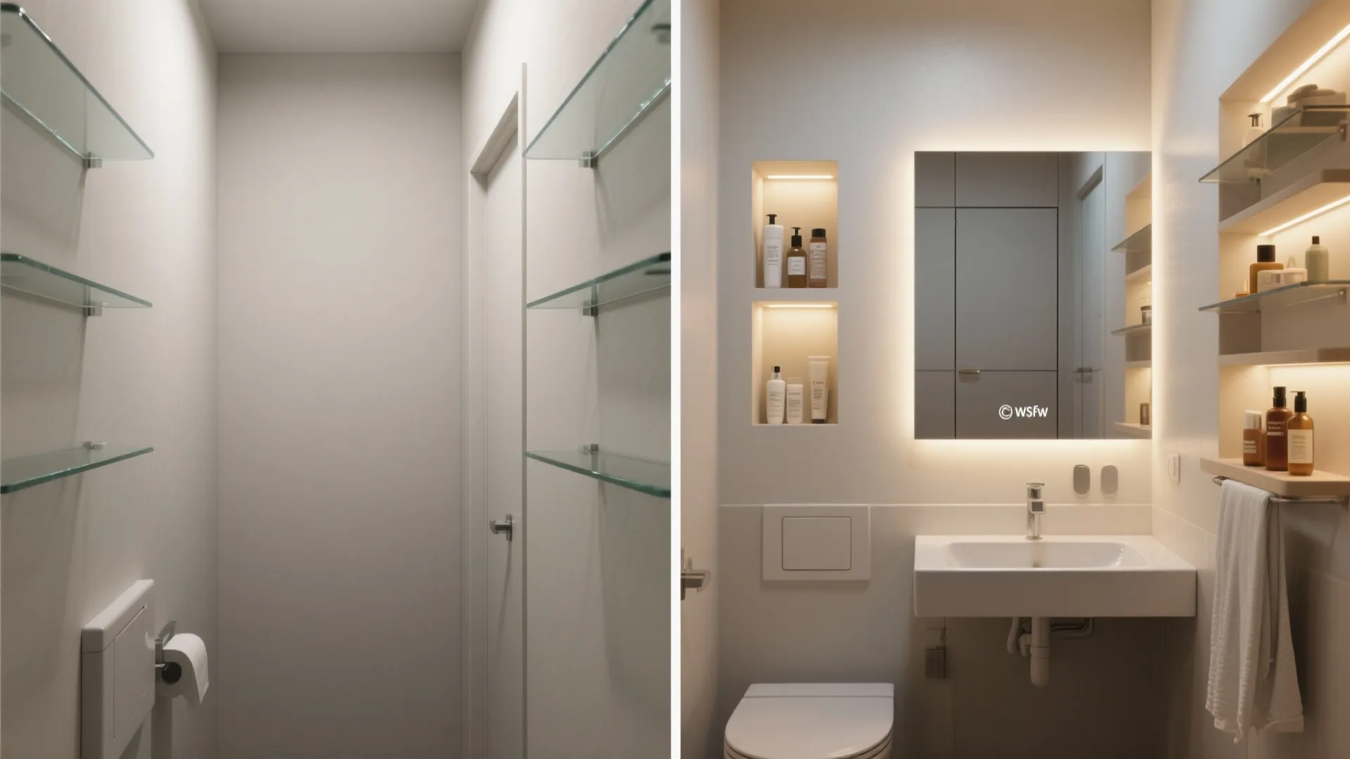 Modern small bathroom side by side comparison featuring glass shelves and a backlit mirror vanity