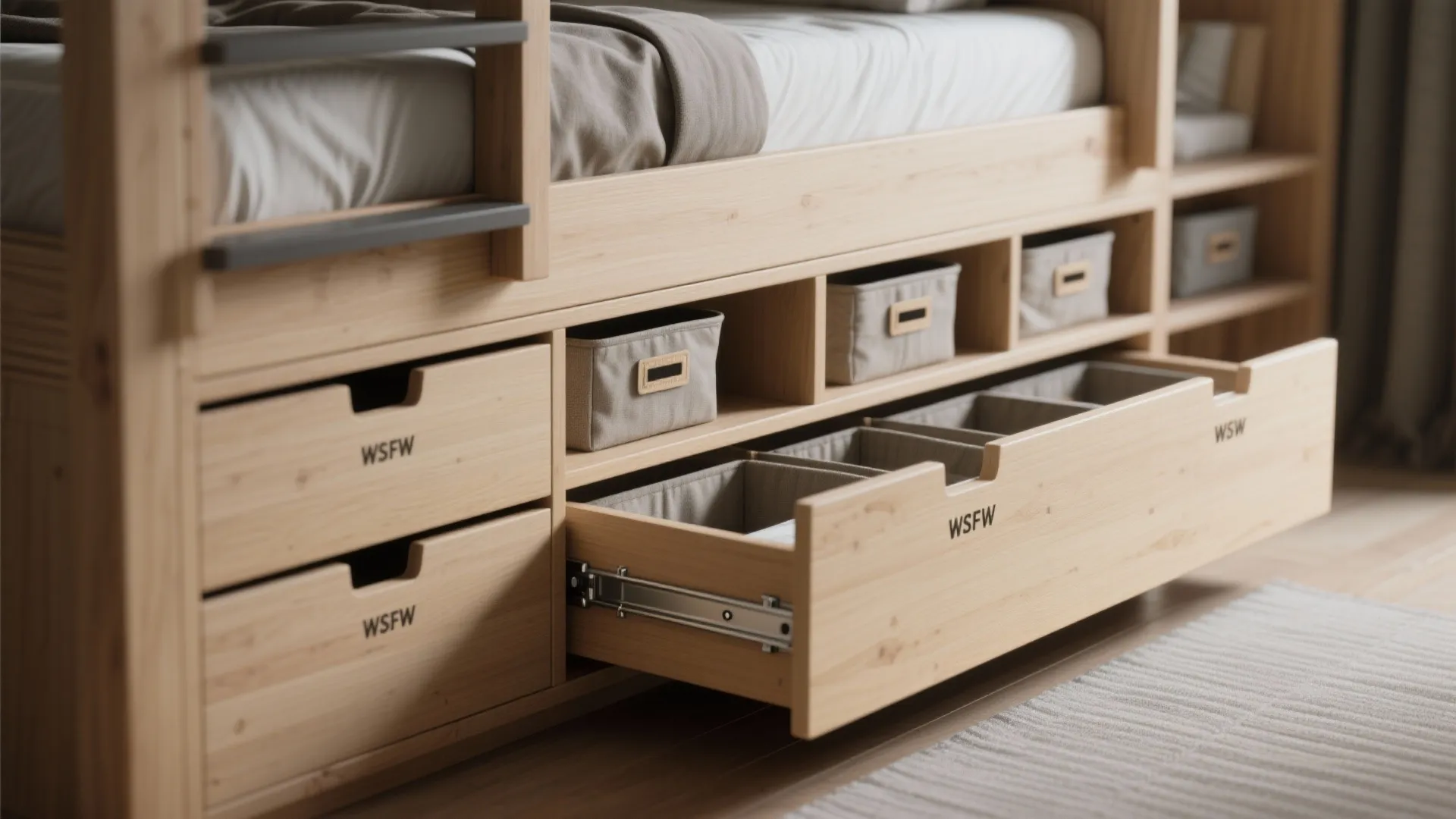 Wooden bed frame design featuring built-in storage drawers and small fabric organizers for bedroom items