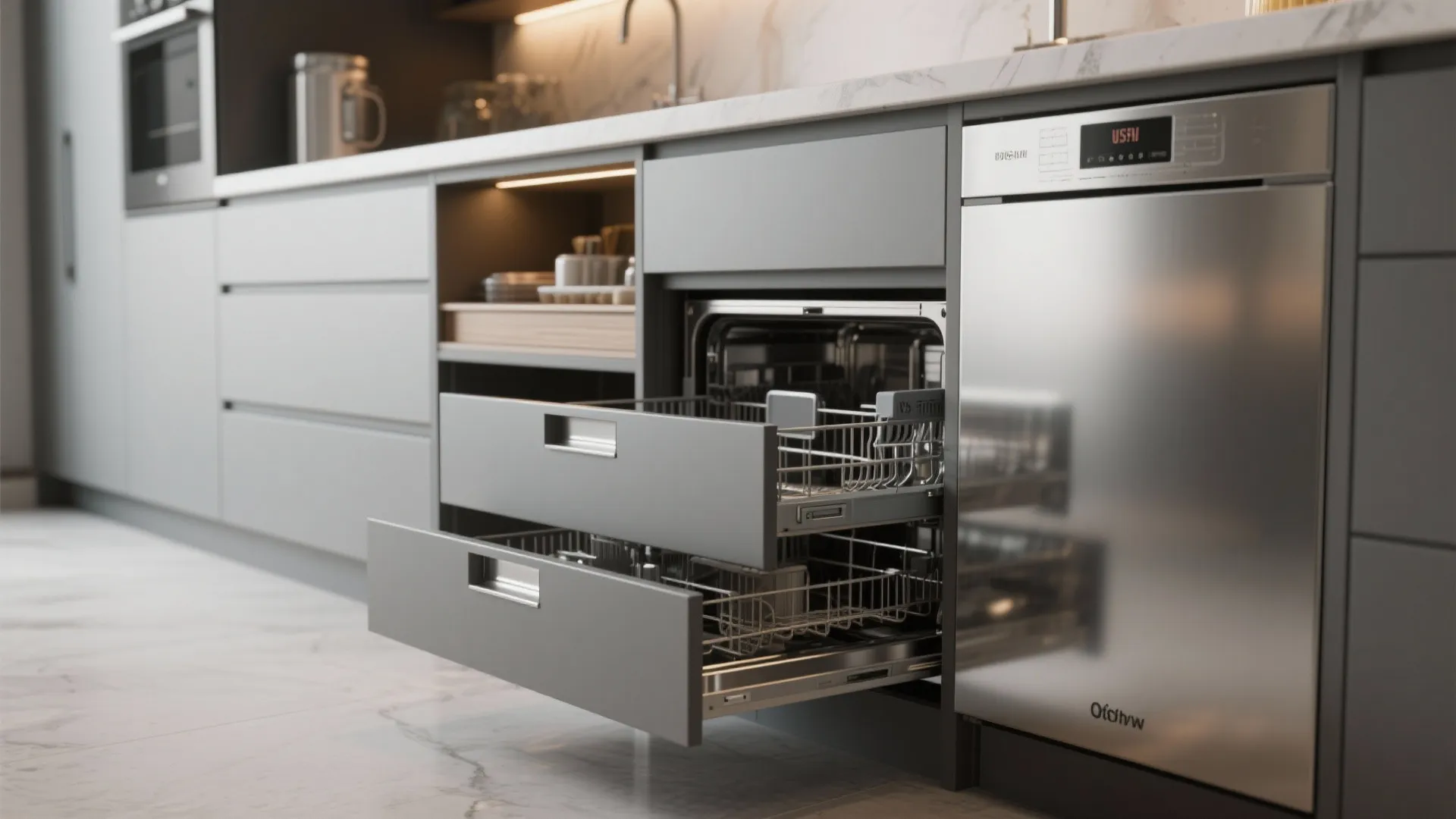 Modern grey kitchen cabinets featuring an open dishwasher with two pull out racks and marble floor