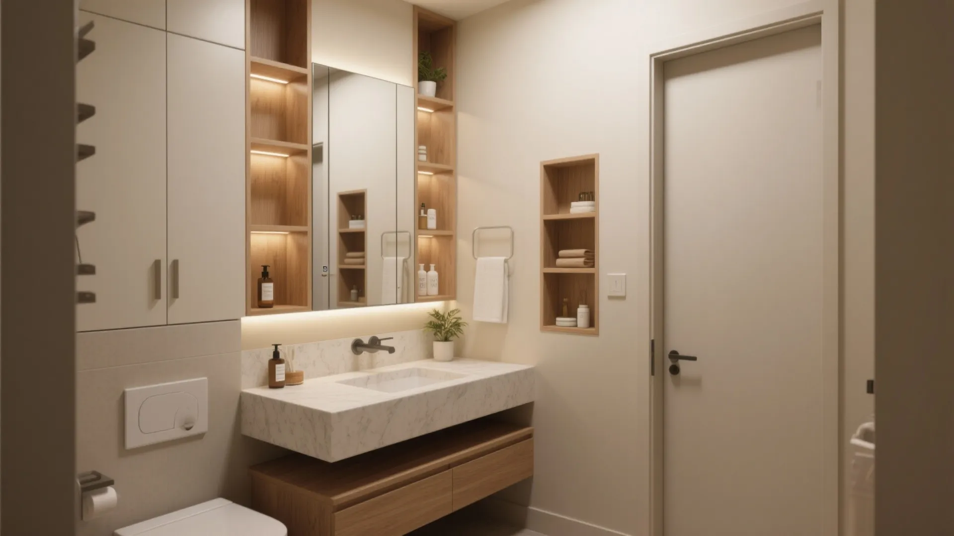 Integrated storage, mirrors and pocket doors to maximize every inch