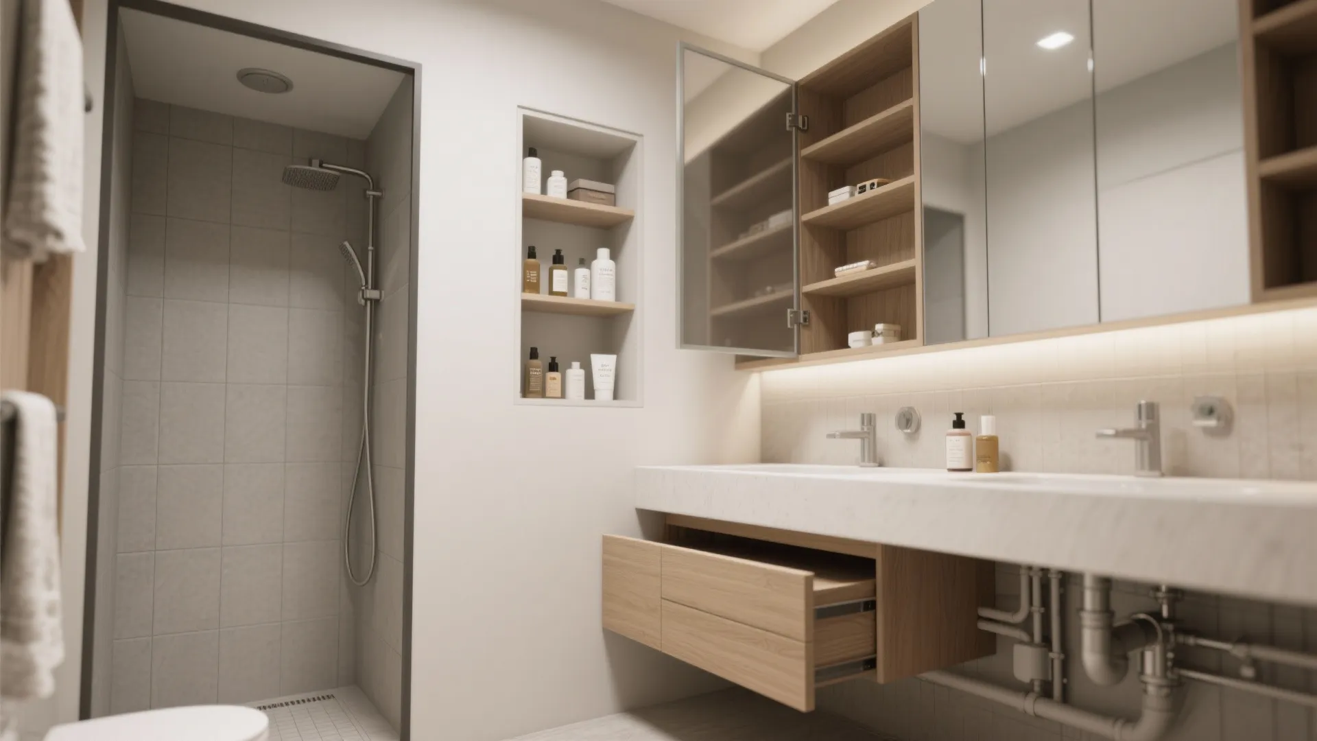 Recessed niches and built-in storage features keeping counters clear in a compact master bath.