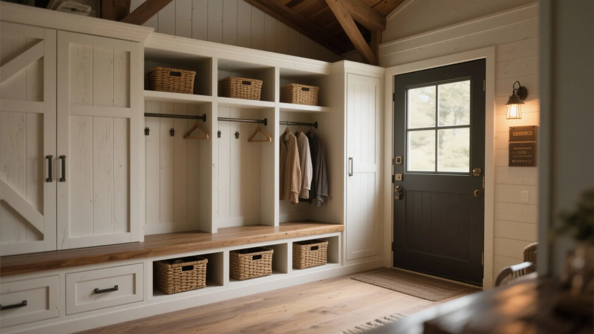 Built-in mudroom bench with drawers and cubbies, and wardrobes tucked into roof eaves.
