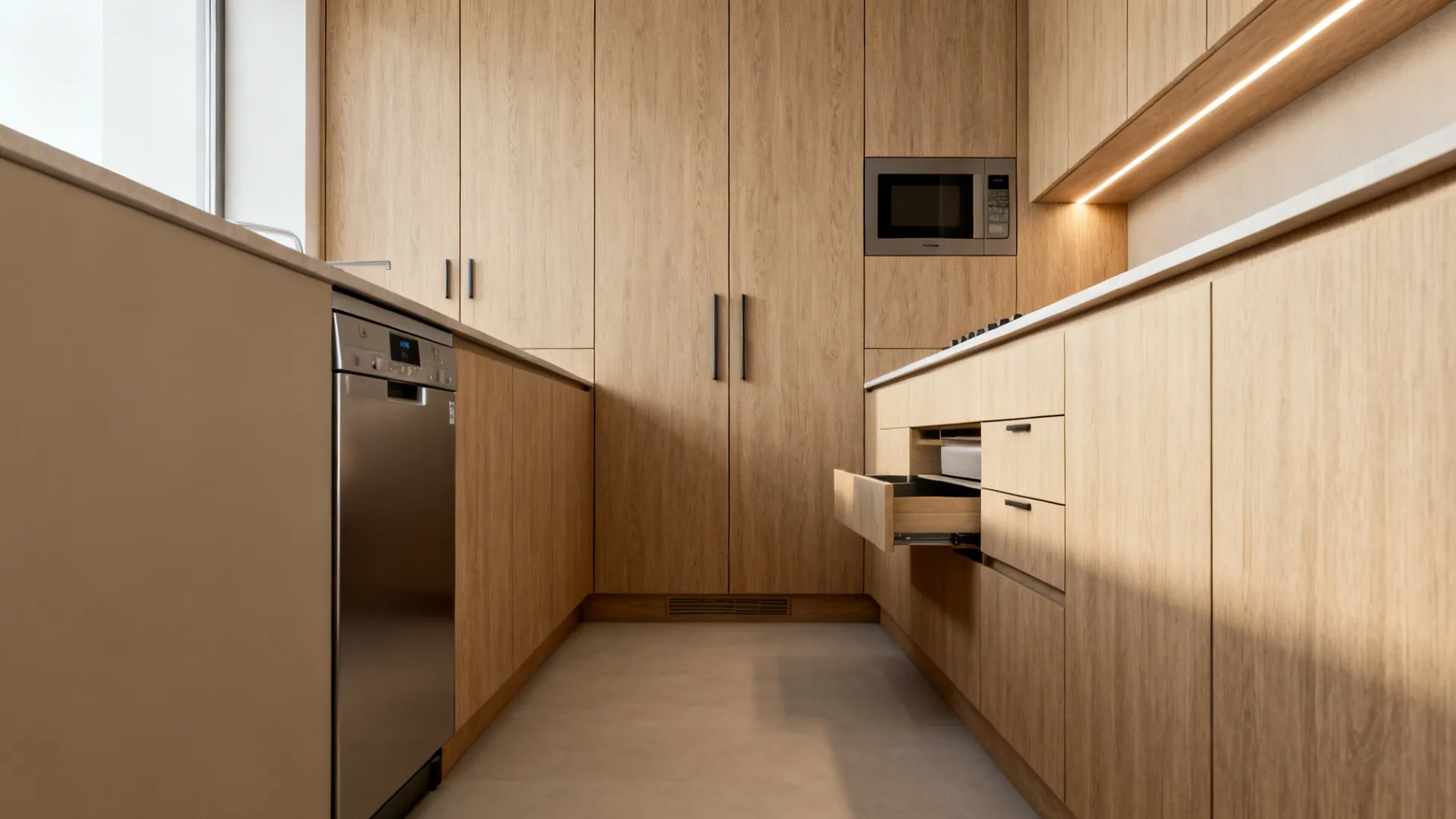 Galley kitchen with panel-ready appliances and concealed storage in continuous wood fronts.