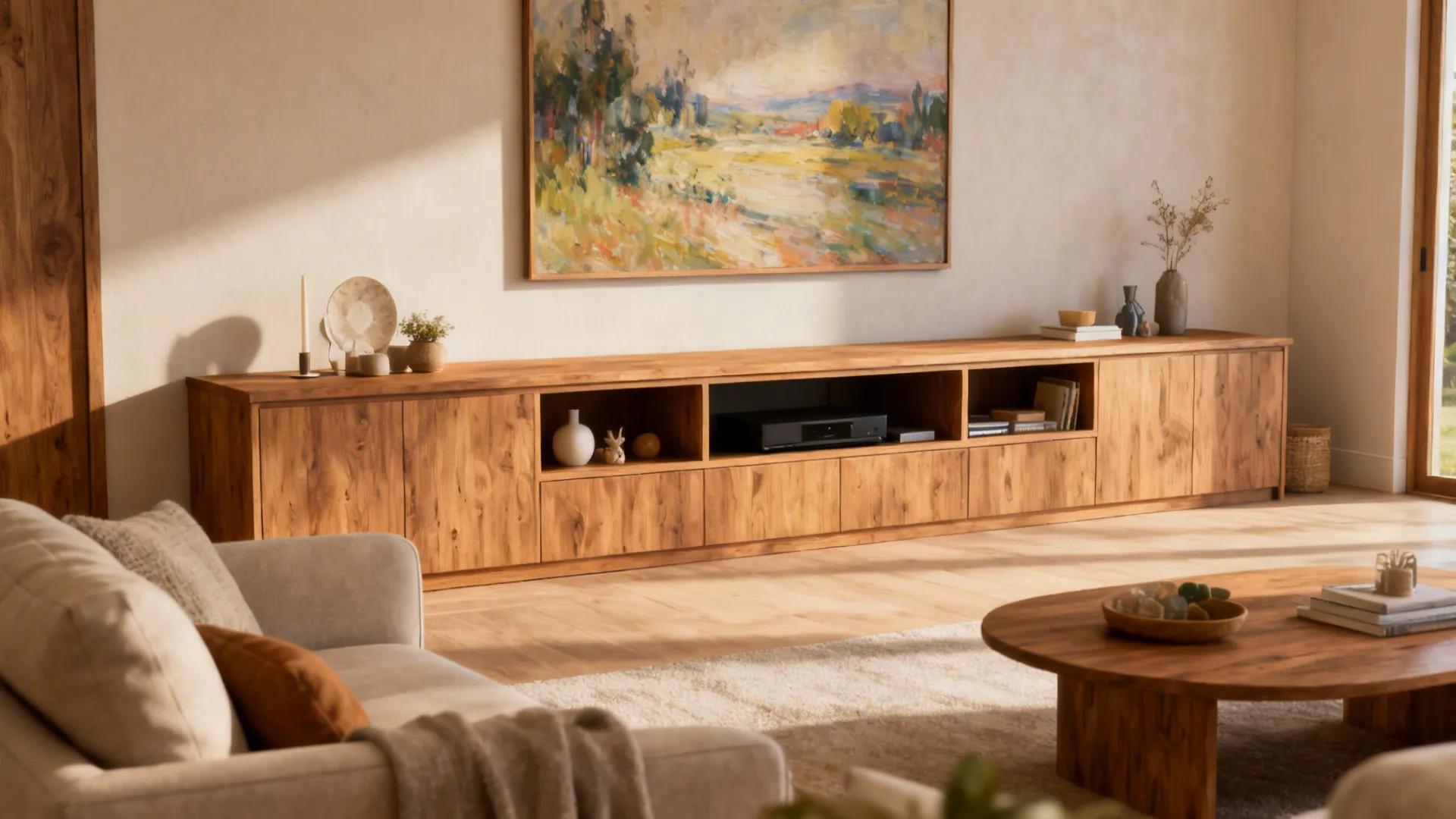 Long built-in cabinets with a large painting and niches, hiding media equipment