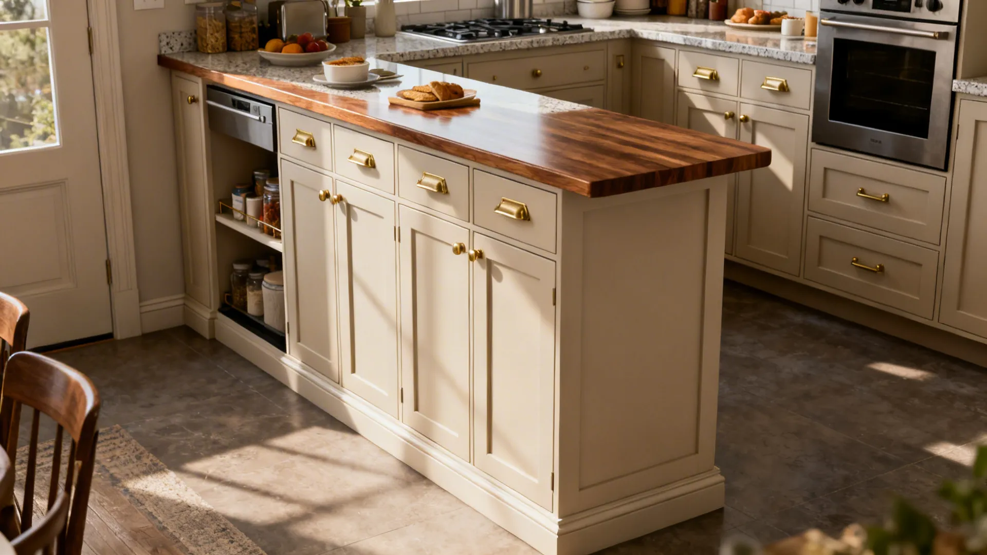 Slim cabinet base with countertop used as a breakfast bar, hiding appliances and providing storage