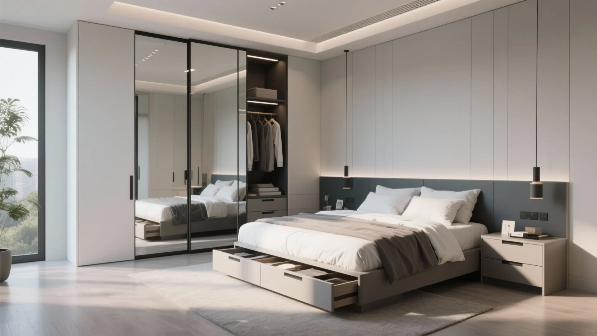 Modern bedroom with mirrored sliding door wardrobe plus a bed featuring built in storage drawers
