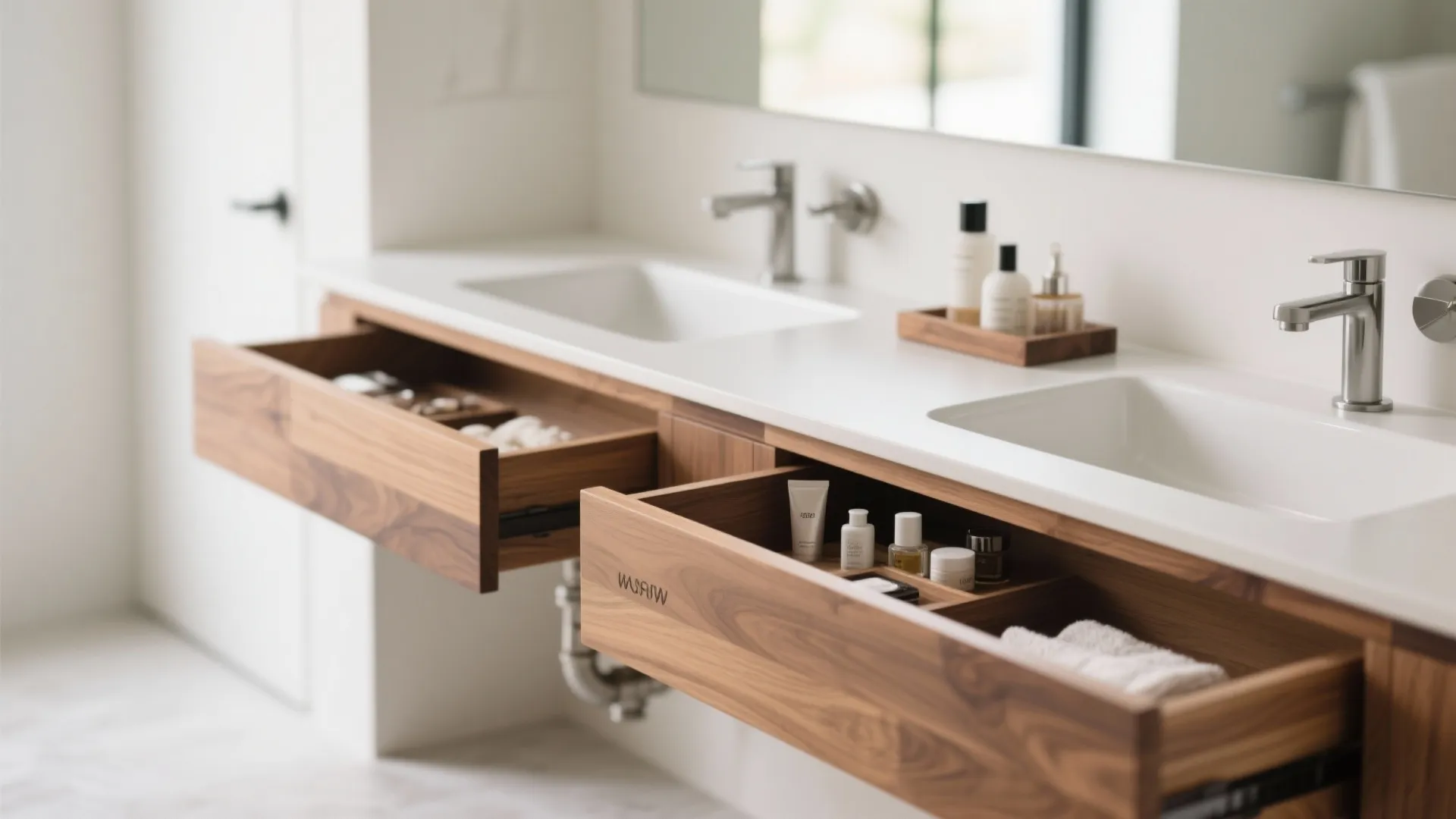 Integrated vanity drawers custom fit around plumbing