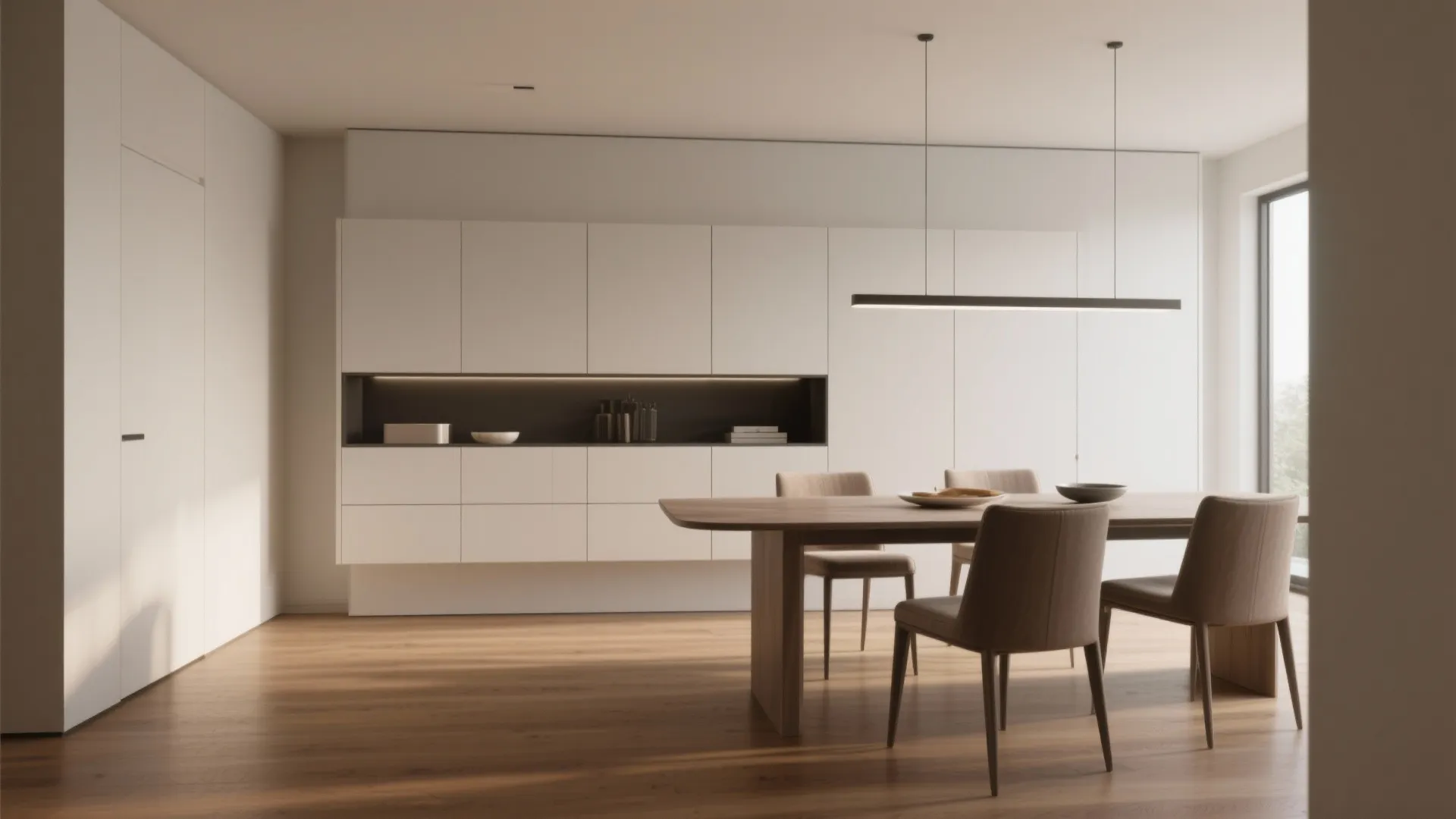 Modern minimalist dining room featuring white storage cabinet wooden table four chairs and ceiling light