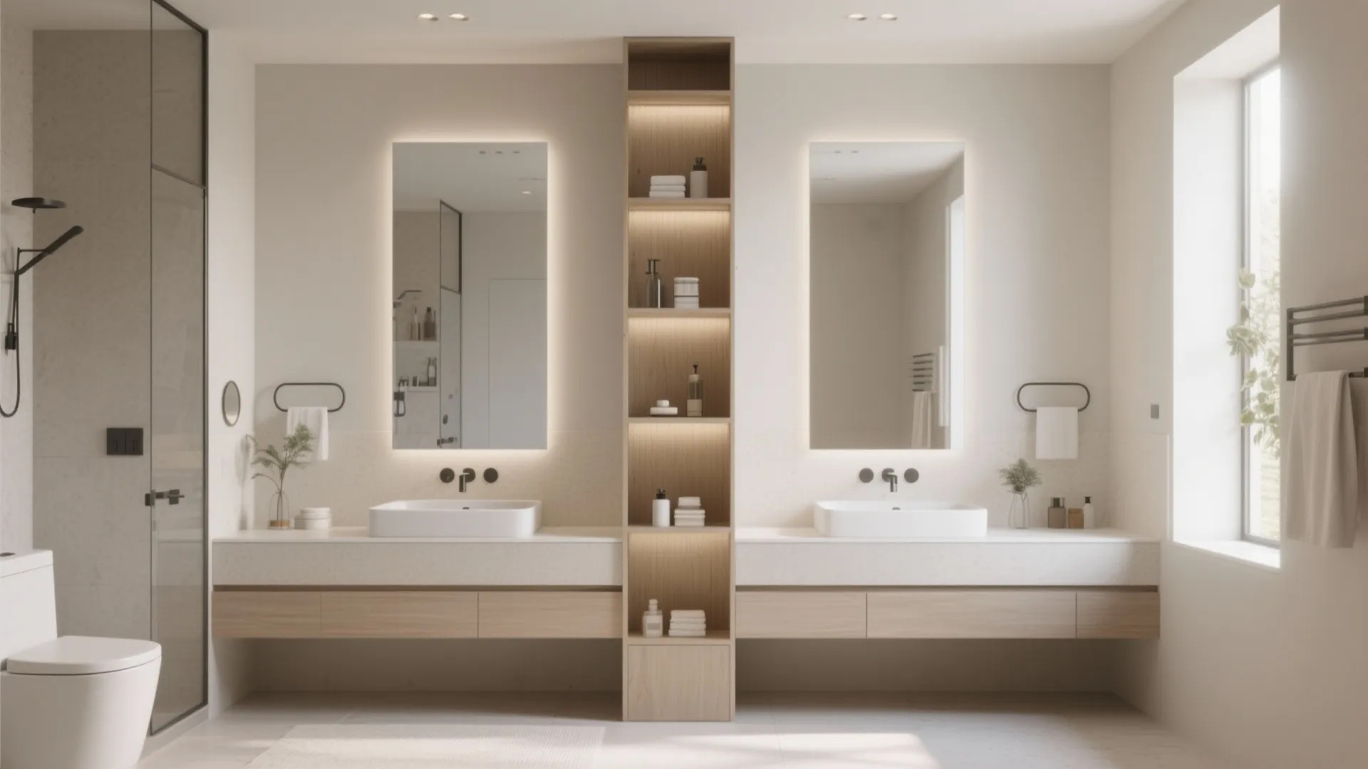 Double sink vanity with tall slim storage tower between sinks