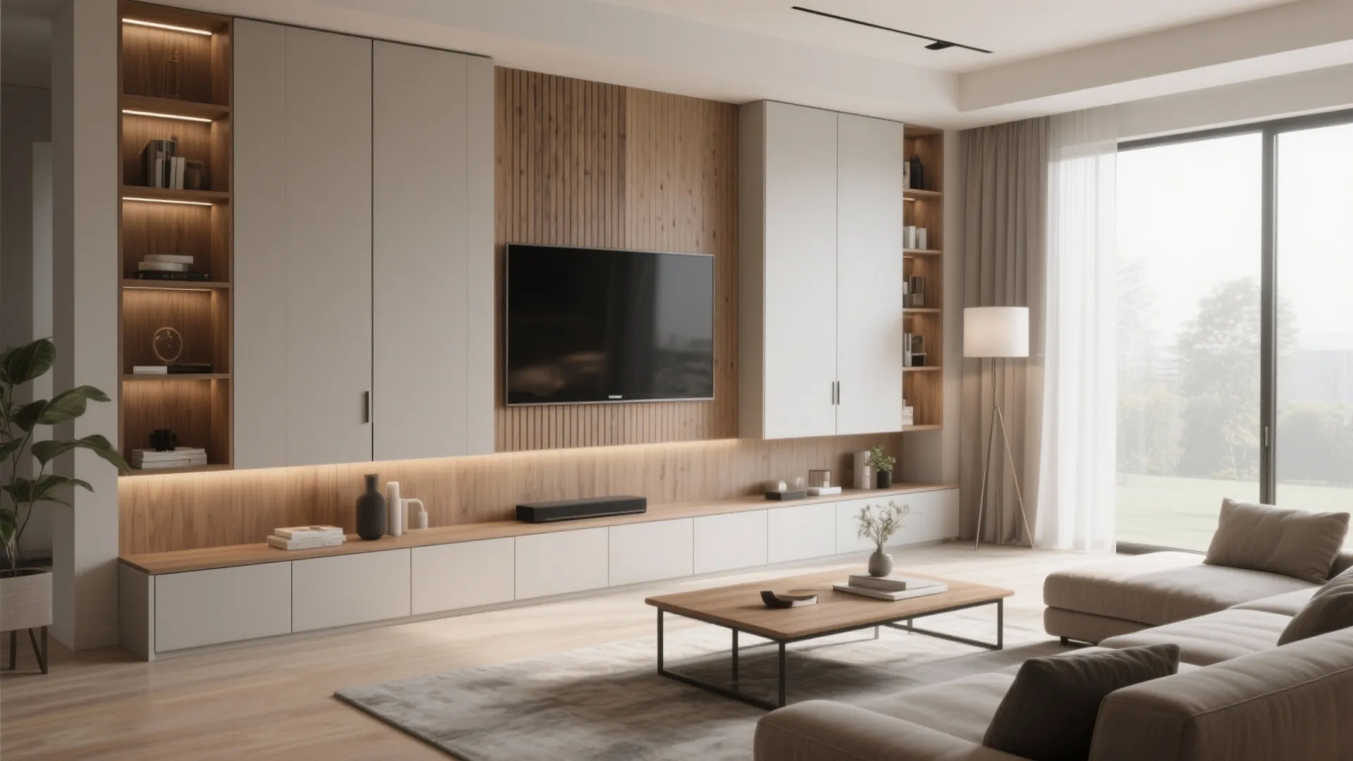 Modern living room with wall cabinet television wooden panel floor lamp sofa and large glass windows