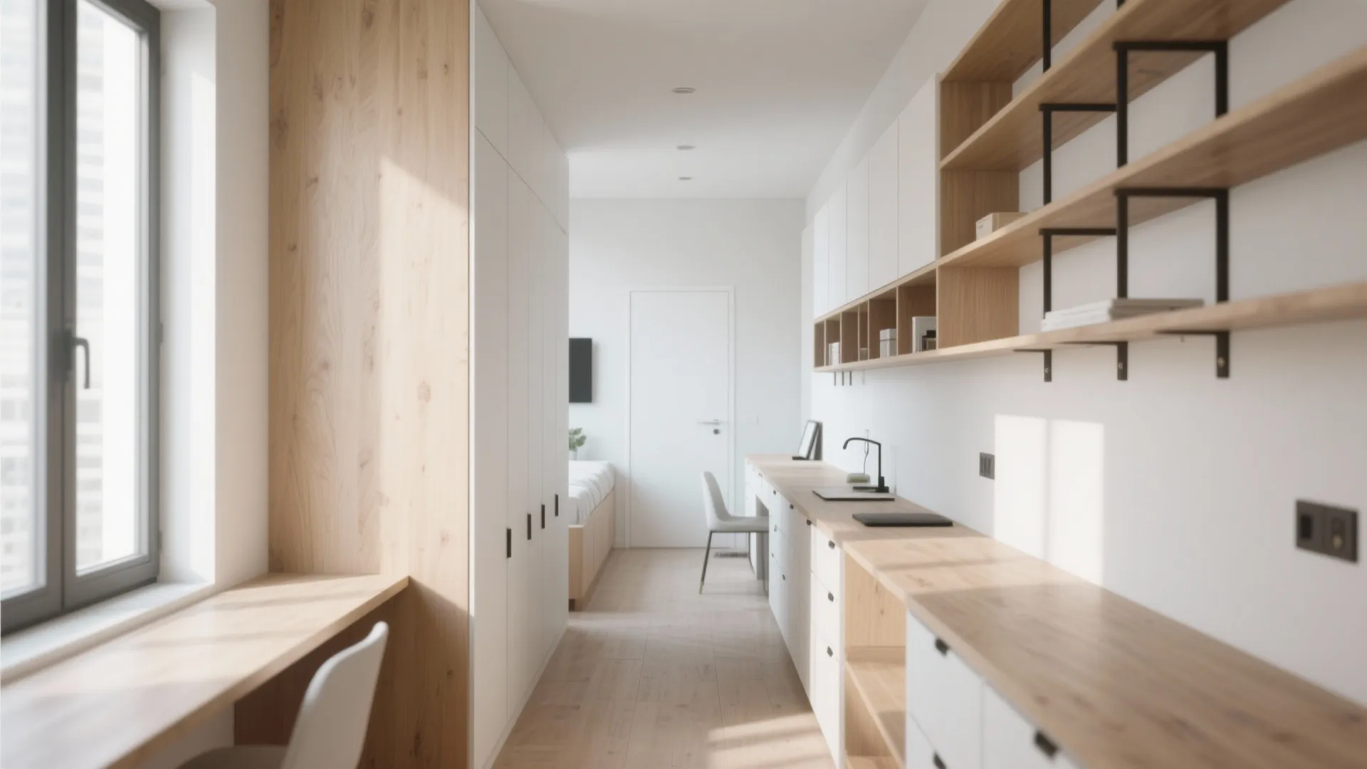 Long narrow room with white cabinets wooden shelves wooden desk window and white door back