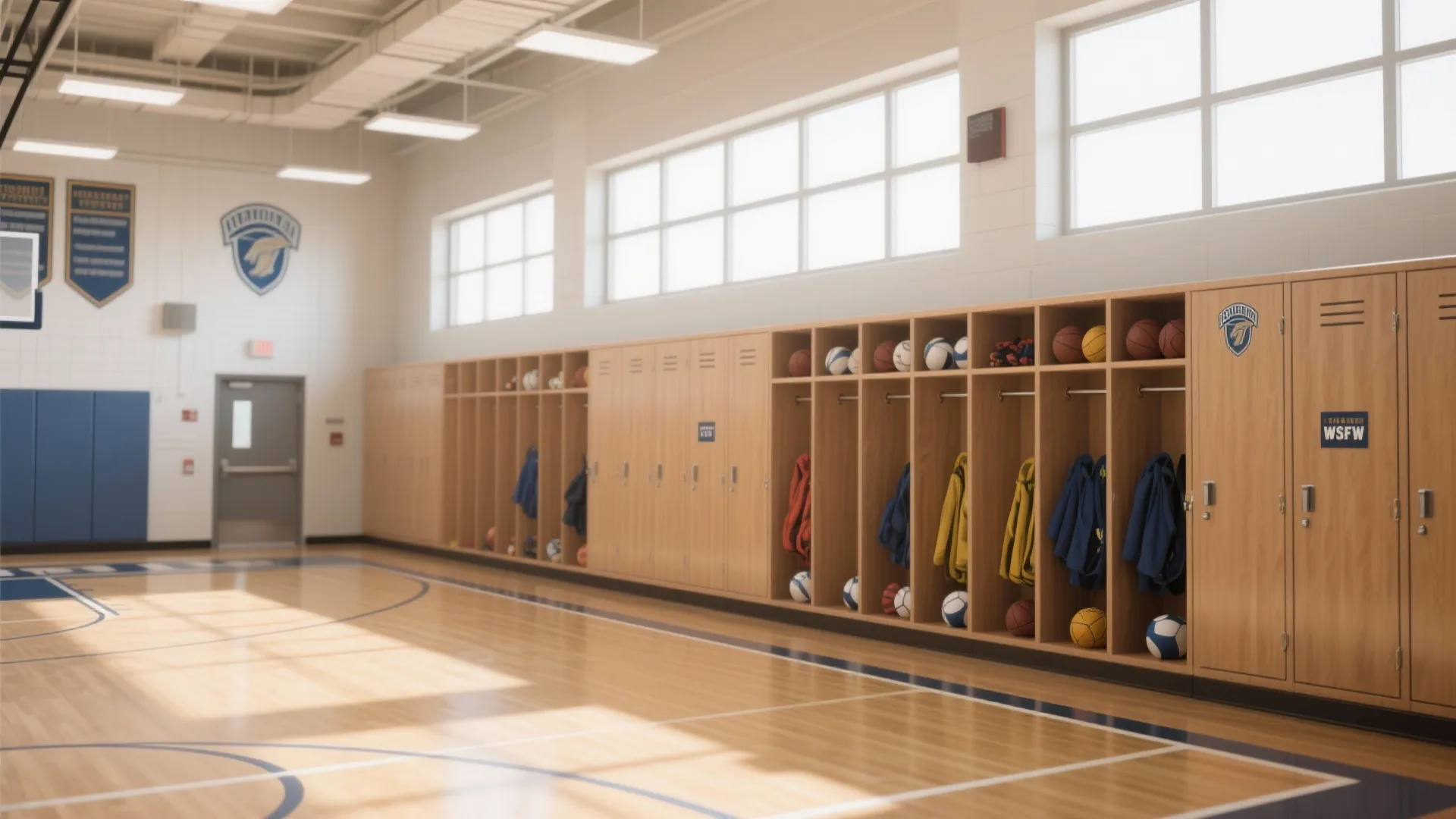 Gym walls with built-in cabinets for sports gear