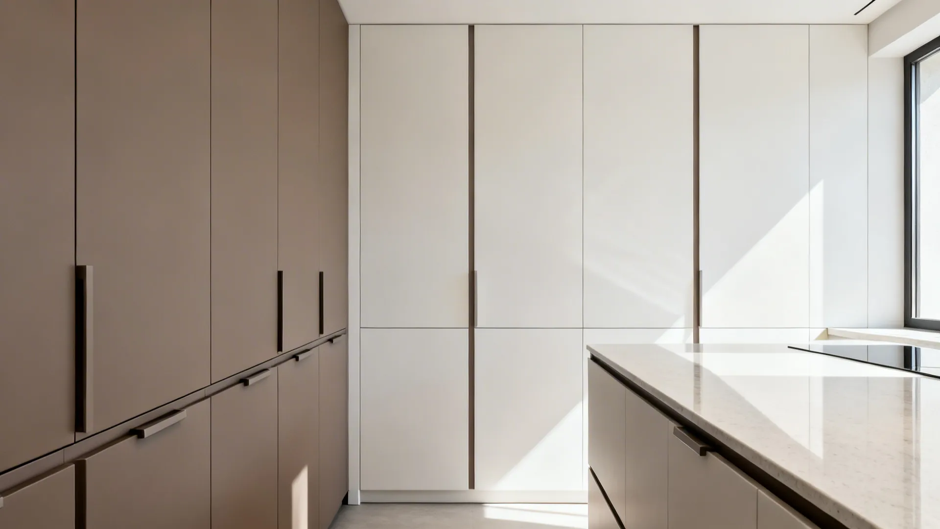 Handleless full-height matte cabinets create continuous minimalist lines in a compact kitchen.