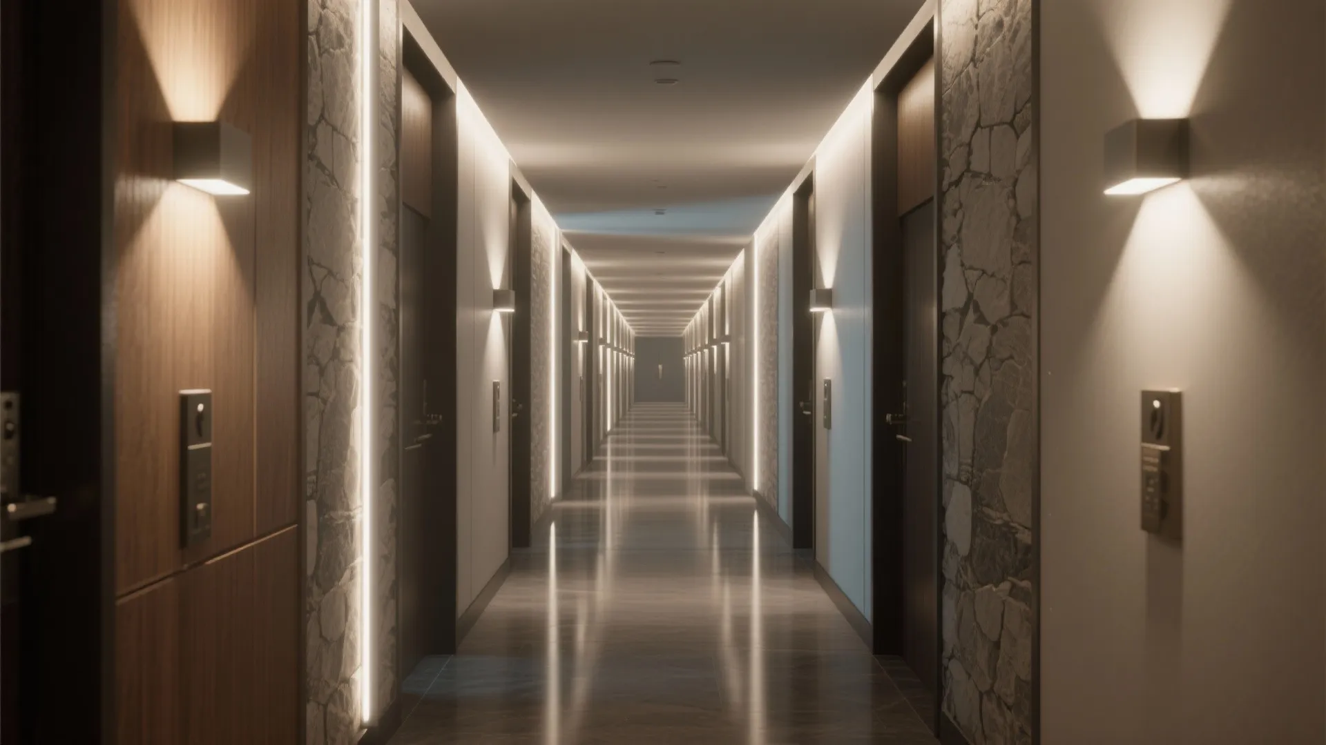 Long hotel hallway with stone walls wooden doors integrated strip lighting and square wall lights