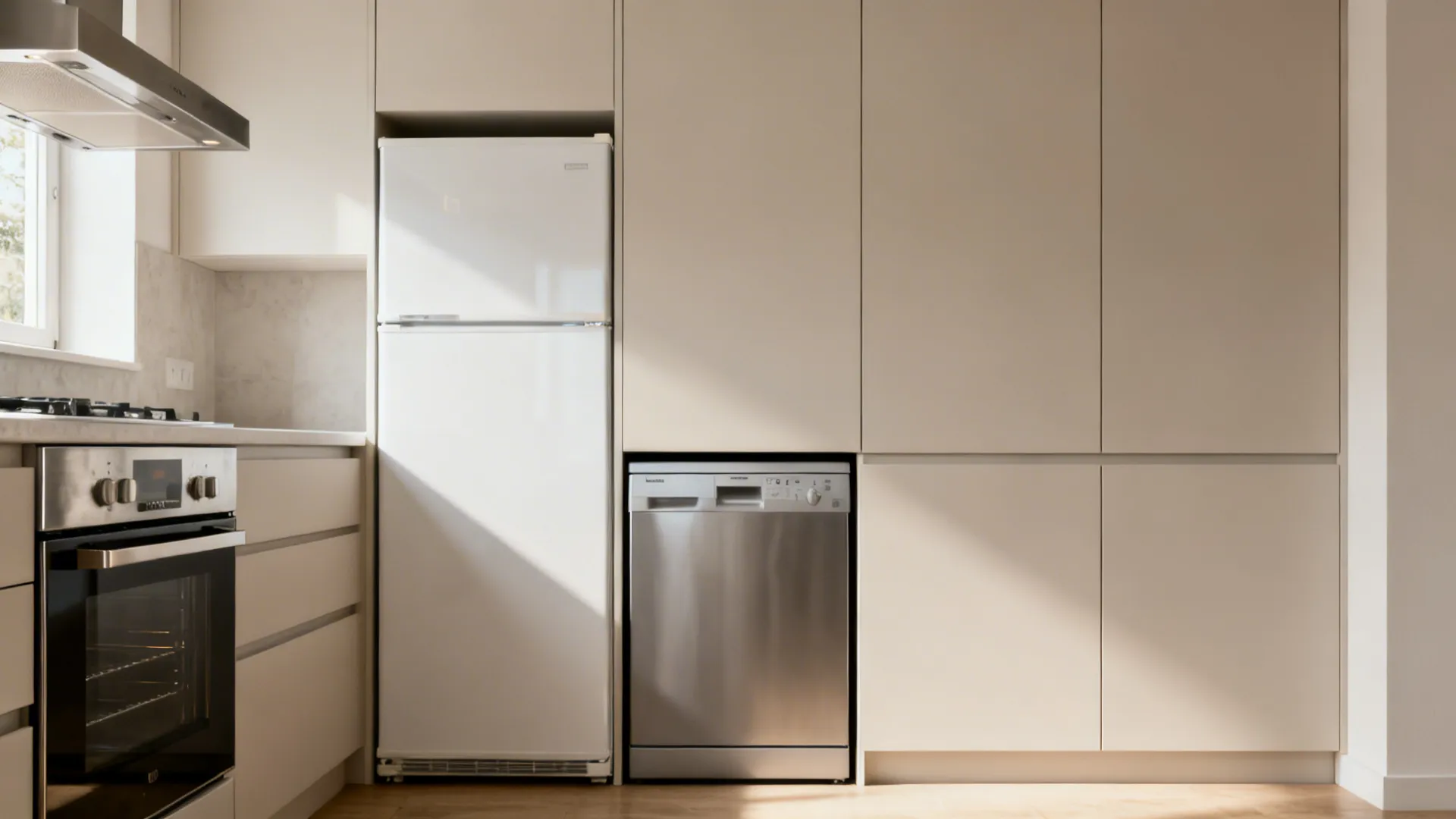 Before-and-after showing a small kitchen upgraded to fully integrated panel-ready appliances and clean panels.