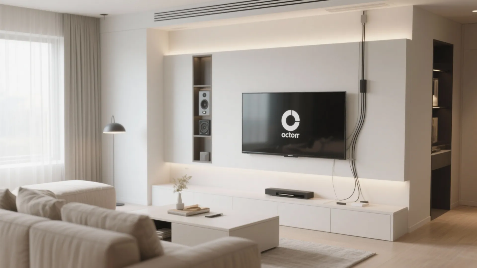 Modern white living room with wall mounted television and hidden light strips on wood panels