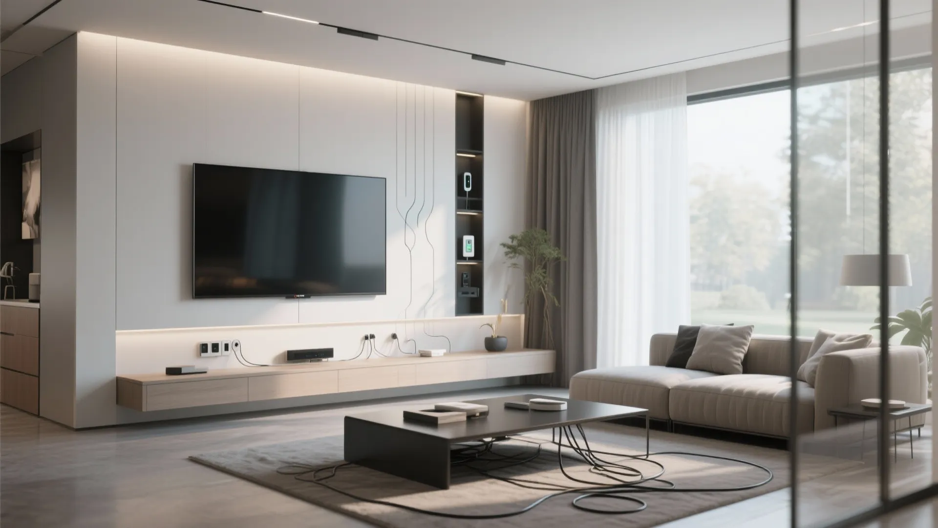 Modern living room featuring wall mounted television wooden cabinet beige sofa black coffee table and curtains
