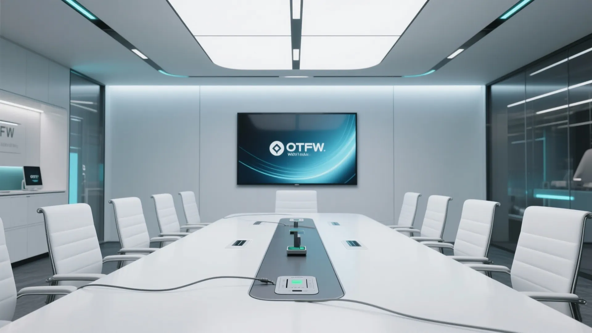White conference room with long table chairs large screen on wall and bright ceiling light