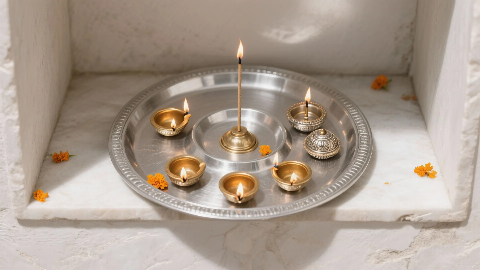 Silver tray with incense stick and lit brass lamps on a white marble shelf with flowers