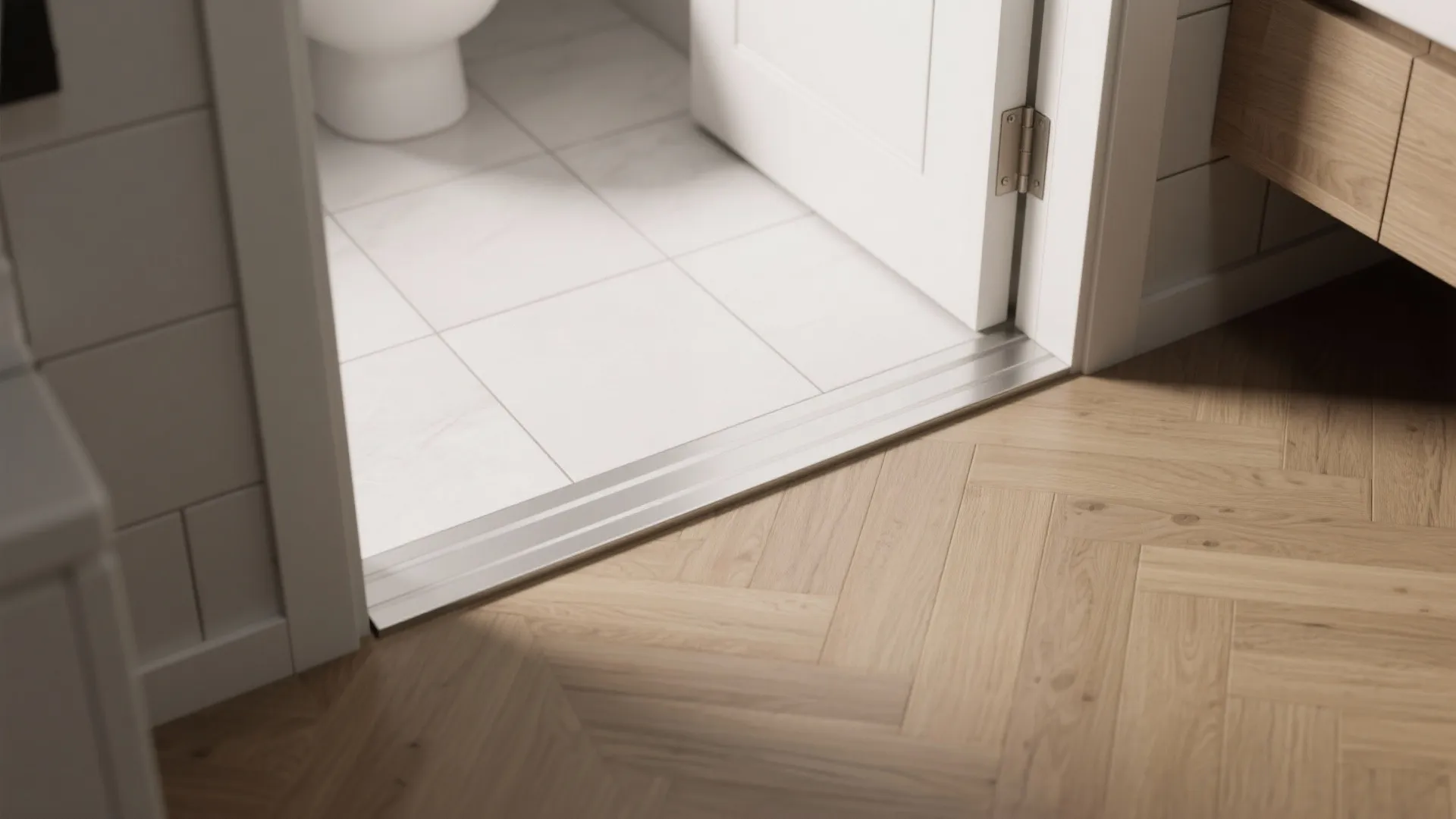 Top-down view of an integrated threshold stop protecting tile edges at a bathroom entrance.