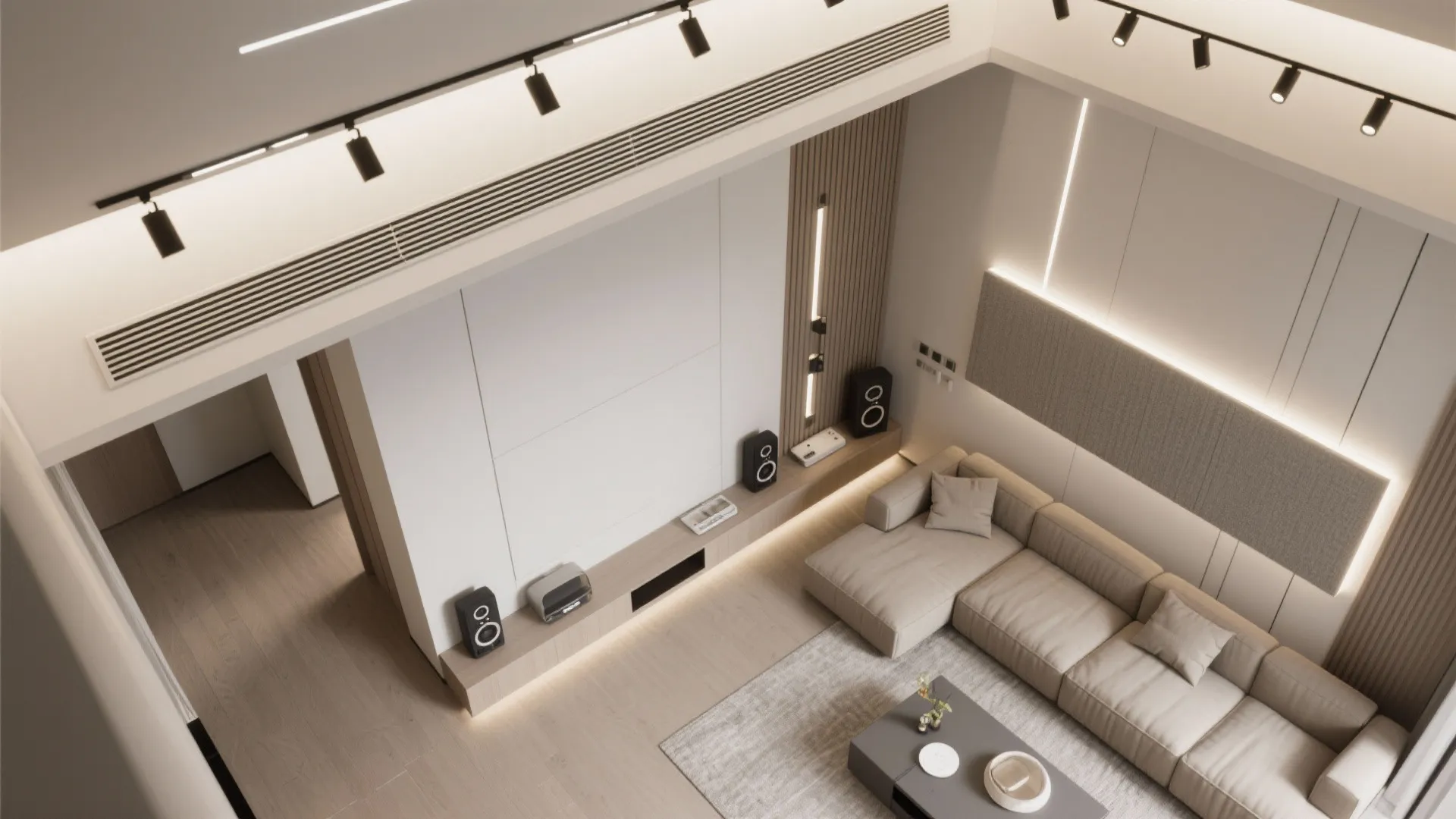 High angle interior design drawing of living room with sofa track lights and wall panel